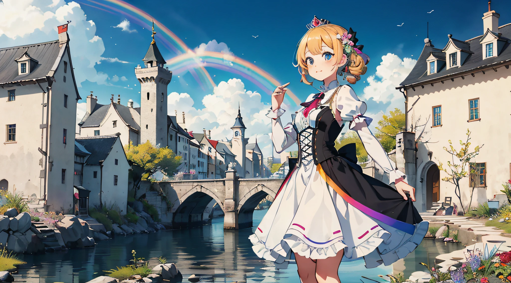 Elegant，girl，adolable，A princess，Rainbow castle background，fanciful，Best resolution