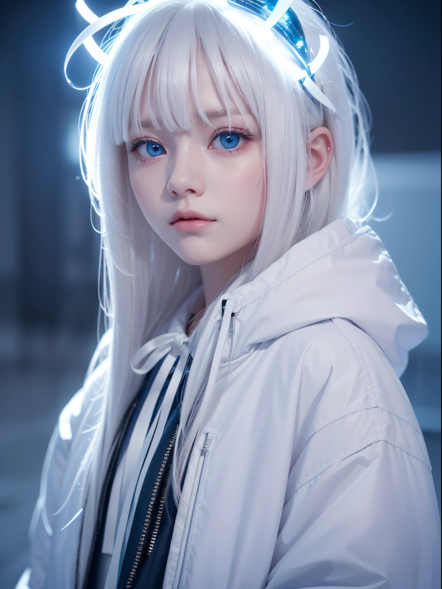 1girl,Albino, cute, white hair, blonde hair, beautiful, long hair, blue eyes, wearing a parka jacket, hair with a ribbon,night light ((8k, UHD, ultra realistic))