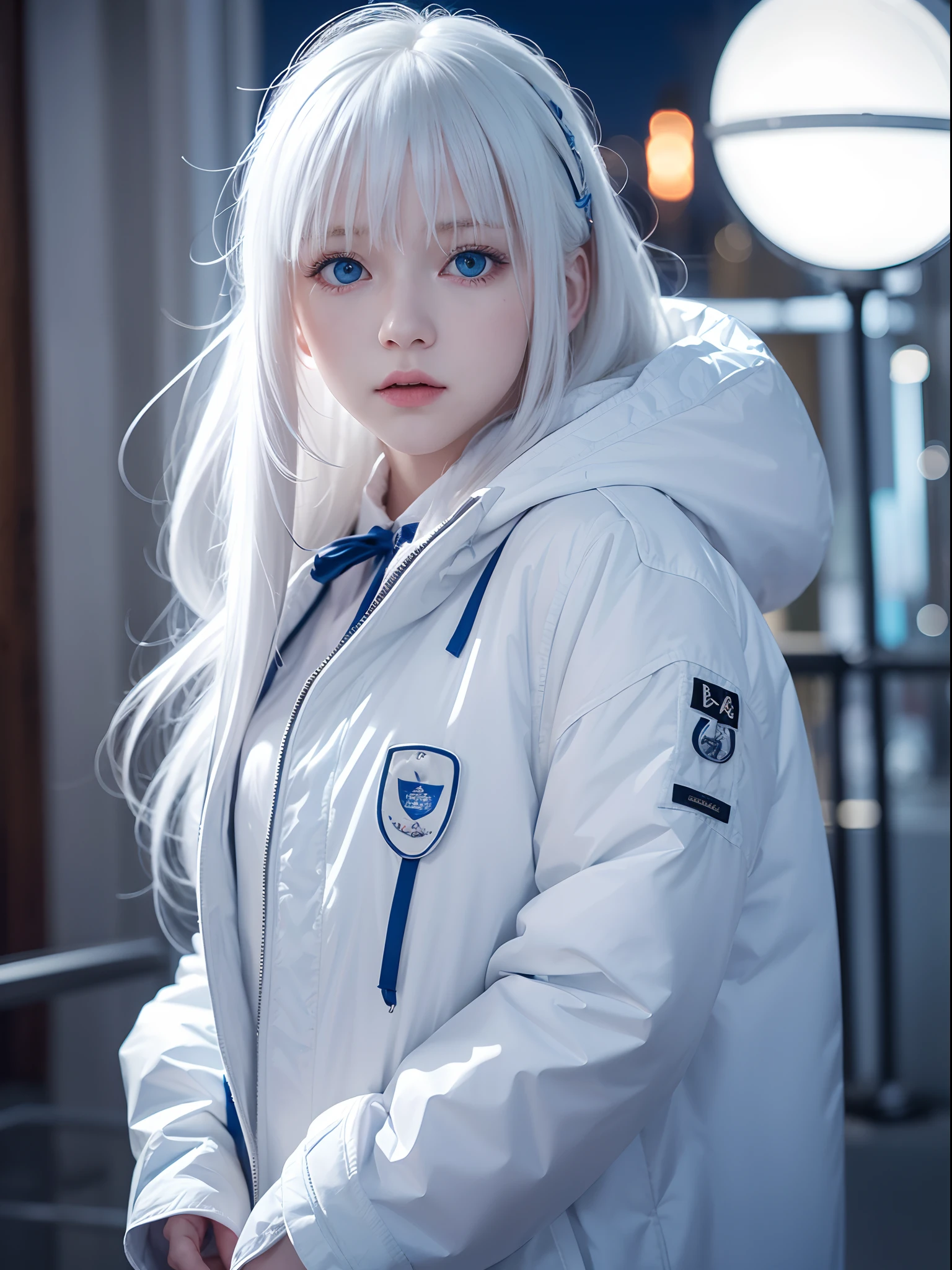 1girl,Albino, cute, white hair, blonde hair, beautiful, long hair, blue eyes, wearing a parka jacket, hair with a ribbon,night light ((8k, UHD, ultra realistic))