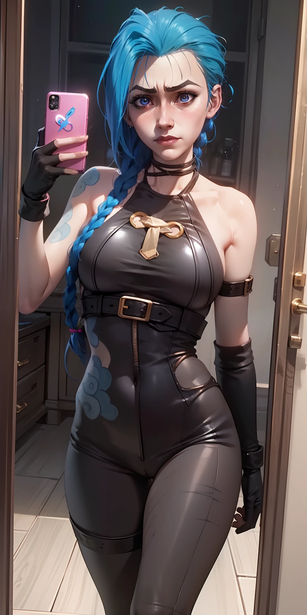 Hyper realistic super detailed sexy Jinx, Very detailed, expressions faciales sexy, seductive facial expressions, [:(Face detail: 1.4): 0.4], 16K resolution, 4k resolution, dinamic lighting, High definition resolution, (hyper realistic: 1.4),(contrasting background: 1.5), (Anatomy of the hyperrealistic arm), (Hyperrealistic anatomy of the legs), (peau propre), (lighting cinematic: 1.7), (intime), (Technologie NVIDIA RTX Ray Tracing), (Anatomy of the hyperrealistic arm: 2), (Ventre plat parfait), (image couleur),  Jinx, large breasts, mirror, room, selfie, holding cellphone, bikesuit, bodysuit, choker, unzipping, open bodysuit, gloves, looking at viewer , masterpiece, best quality, highly detailed, desire, blush, perfect hands, blush, shy, tight gap, skindentation, mirror, room, selfie, holding cellphone.