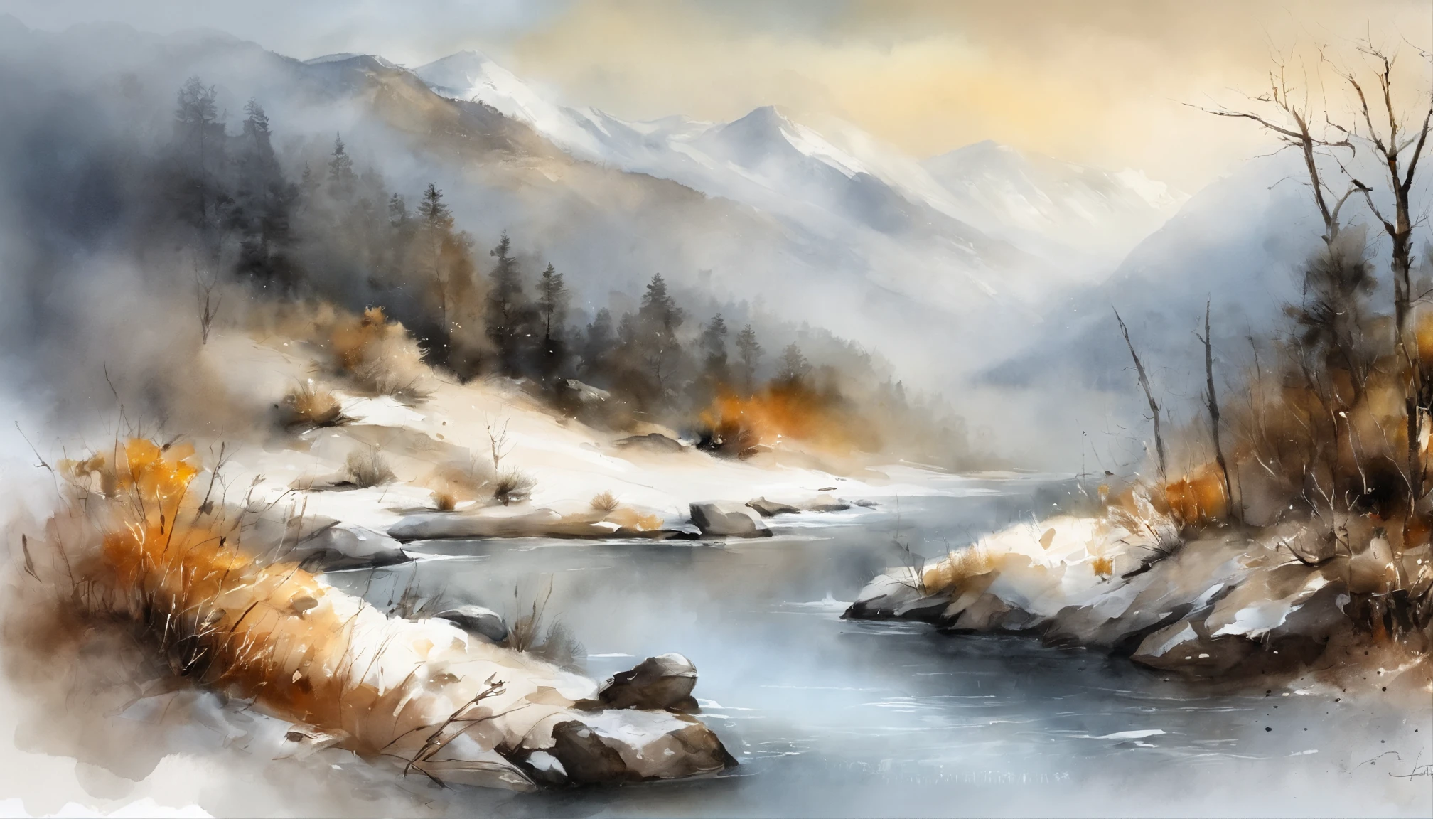 ink wash style,winter day、jungles、lakes、hole in the mountains、The tree、grassy fields、Rochas、hot onsen、hydrosphere、(illustratio:1.0)、Epic composition、Realistic lighting、high definition detail、tmasterpiece、Best quality,(非常详细的 CG 统一 8k 壁纸)