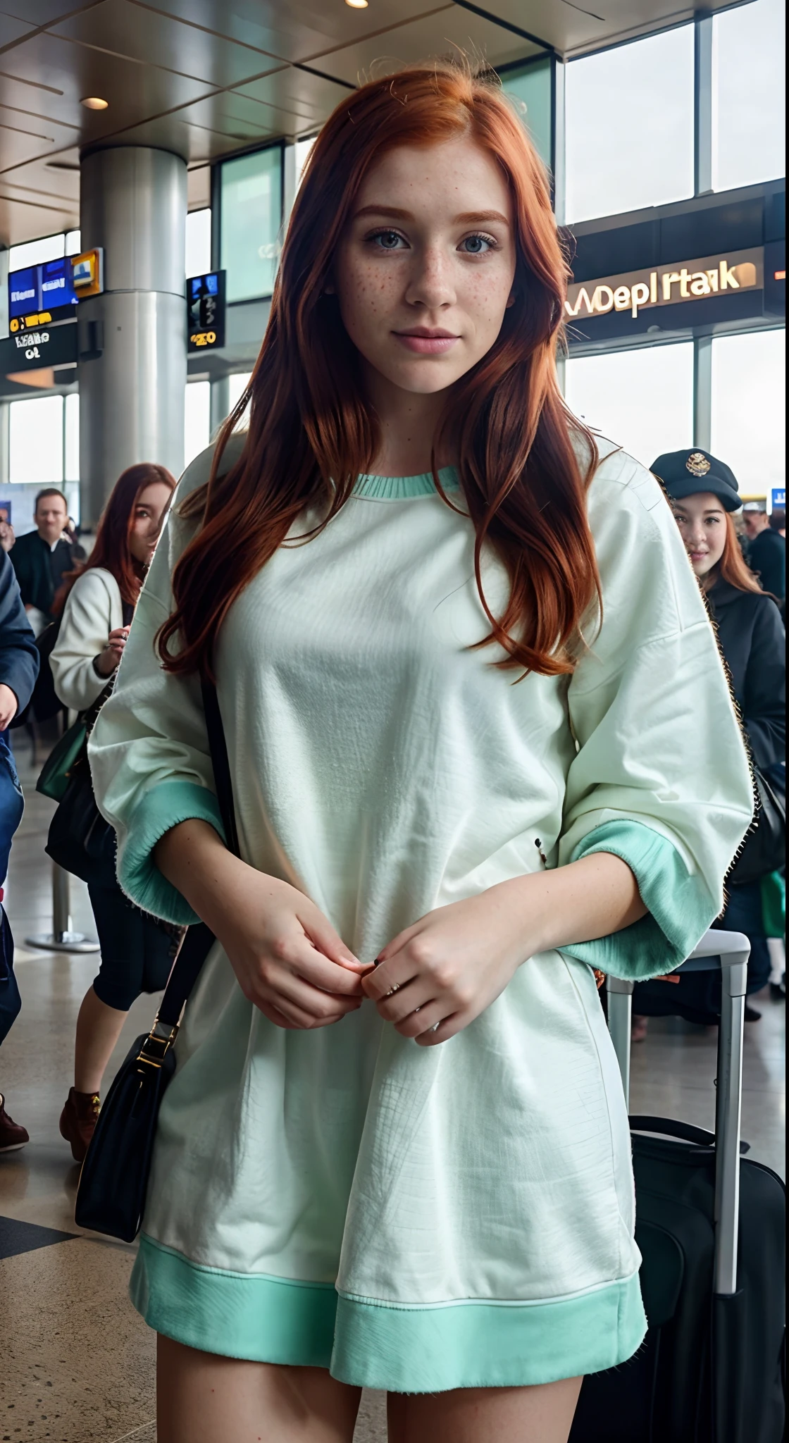 Hyper realistic 23 year old redhead girl of Irish descent with freckles in selfie mode for Instagram Snapchat influencer dressed Full photo of airport dressed warmly