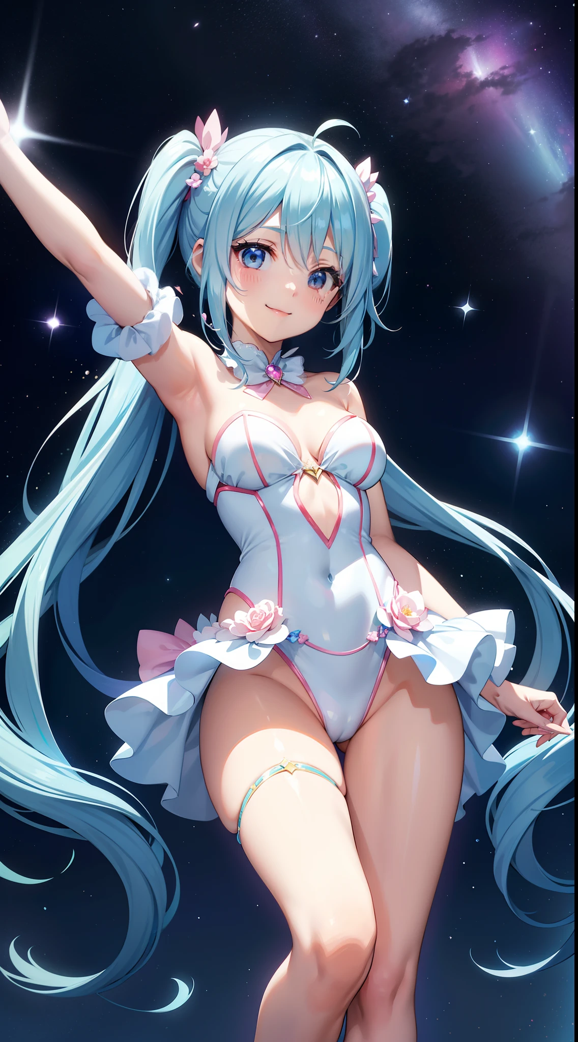 Super Idol　a beauty girl　adorable smiling　sky blue hair　length hair　Facing straight ahead　Looking at the camera　Twin-tailed　Glittering white and light pink leotard costume　Mystical　Fantasia　constellation　a moon　Crystal Brilliance　Aurora Borealis in the Night Sky