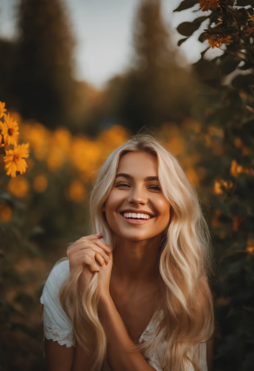 Photo of a blonde cute girl, Instagram-Foto, beeinflussen, beautiful smile, Sommerstimmung, sonnengeküsste Top, Natural makeup, Trendige Mode, bunter hintergrund, Aesthetic filter, Lebendige Farben, Beleuchtung zur goldenen Stunde, Dreamy Atmosphere, jugendliche Energie, Unbeschwerte Pose, Schnappschuss, high resolution, makelloser Teint, Stilvolle Accessoires, Forecourt, cheerful facial expression, Cheerful mood