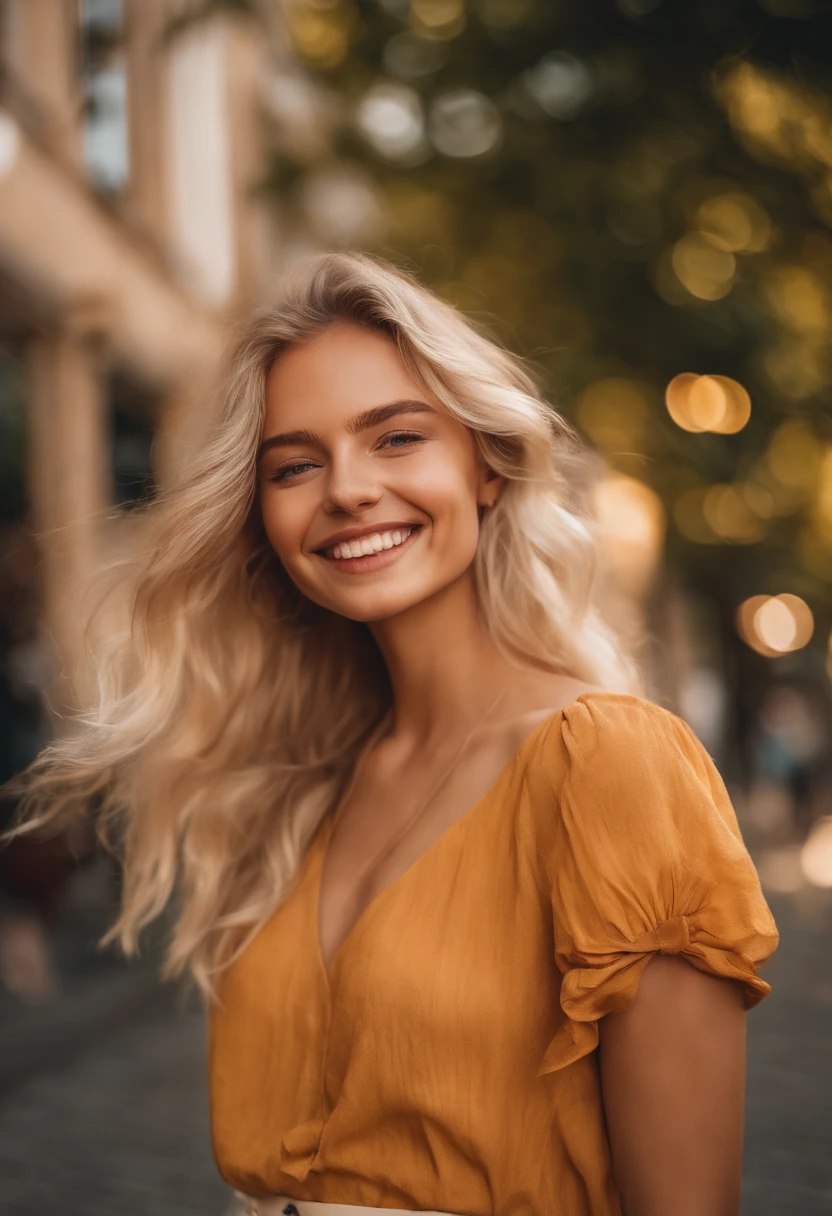 Photo of a blonde cute girl, Instagram-Foto, beeinflussen, beautiful smile, Sommerstimmung, sonnengeküsste Top, Natural makeup, Trendige Mode, bunter hintergrund, Aesthetic filter, Lebendige Farben, Beleuchtung zur goldenen Stunde, Dreamy Atmosphere, jugendliche Energie, Unbeschwerte Pose, Schnappschuss, high resolution, makelloser Teint, Stilvolle Accessoires, Forecourt, cheerful facial expression, Cheerful mood