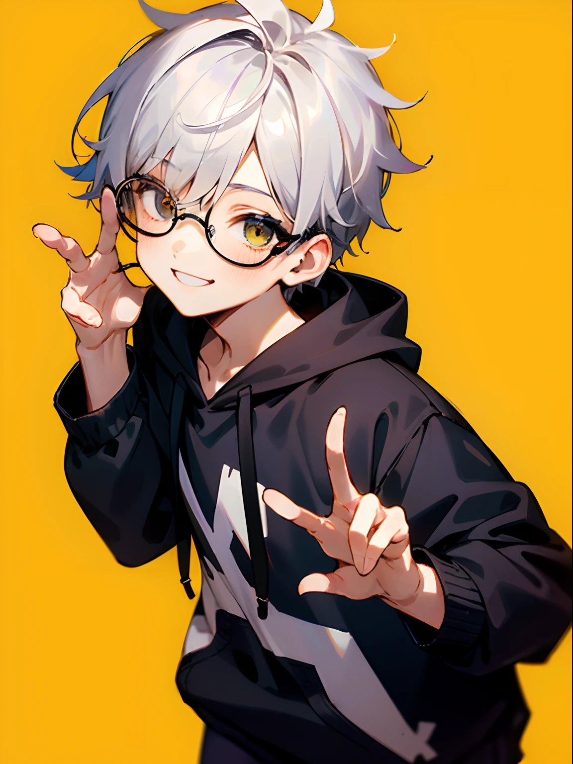 (Male , eye glasses,A smile, silber hair,Black hoodie),yellow background