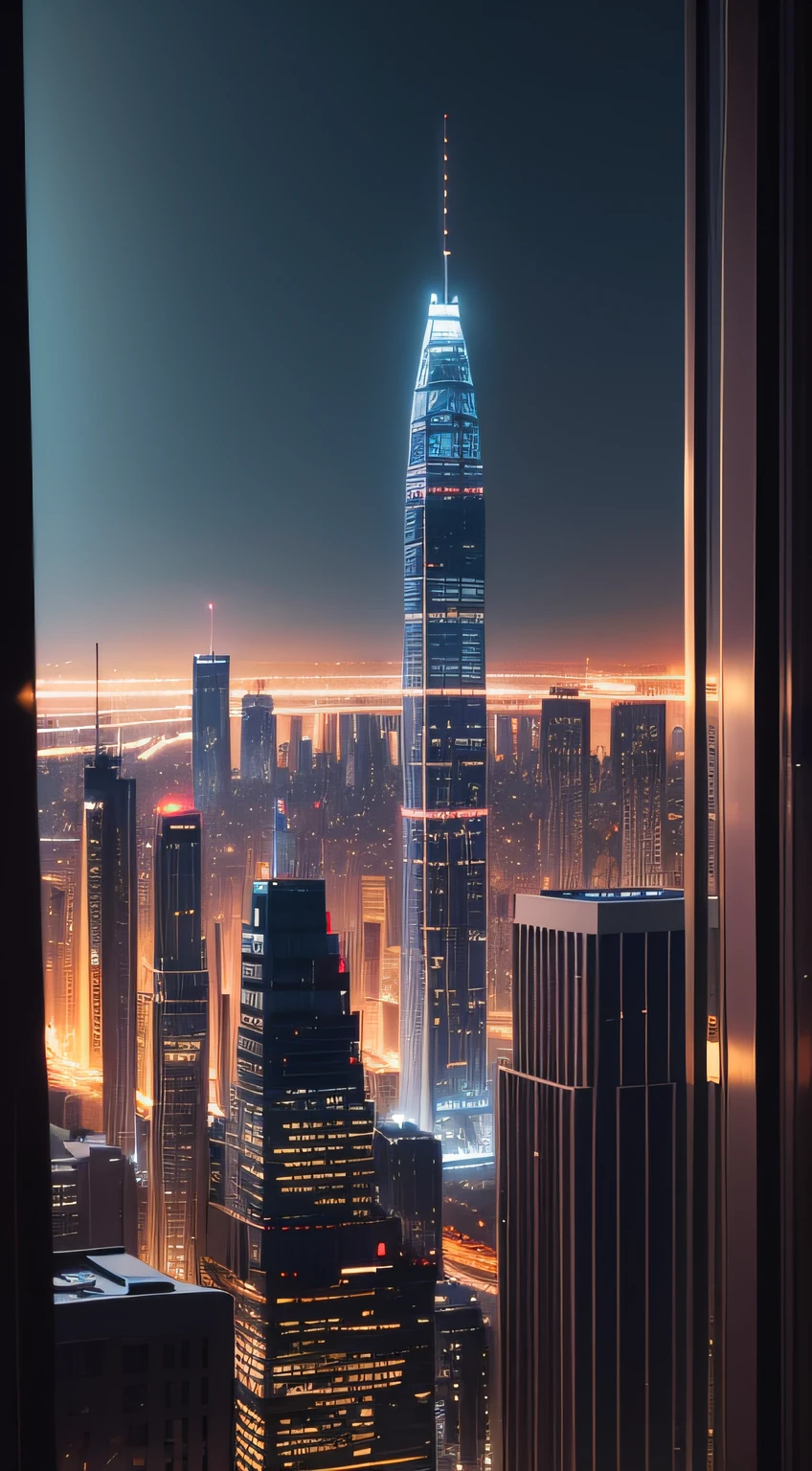 City view with high tower building, soft light, dimlight, rim light,