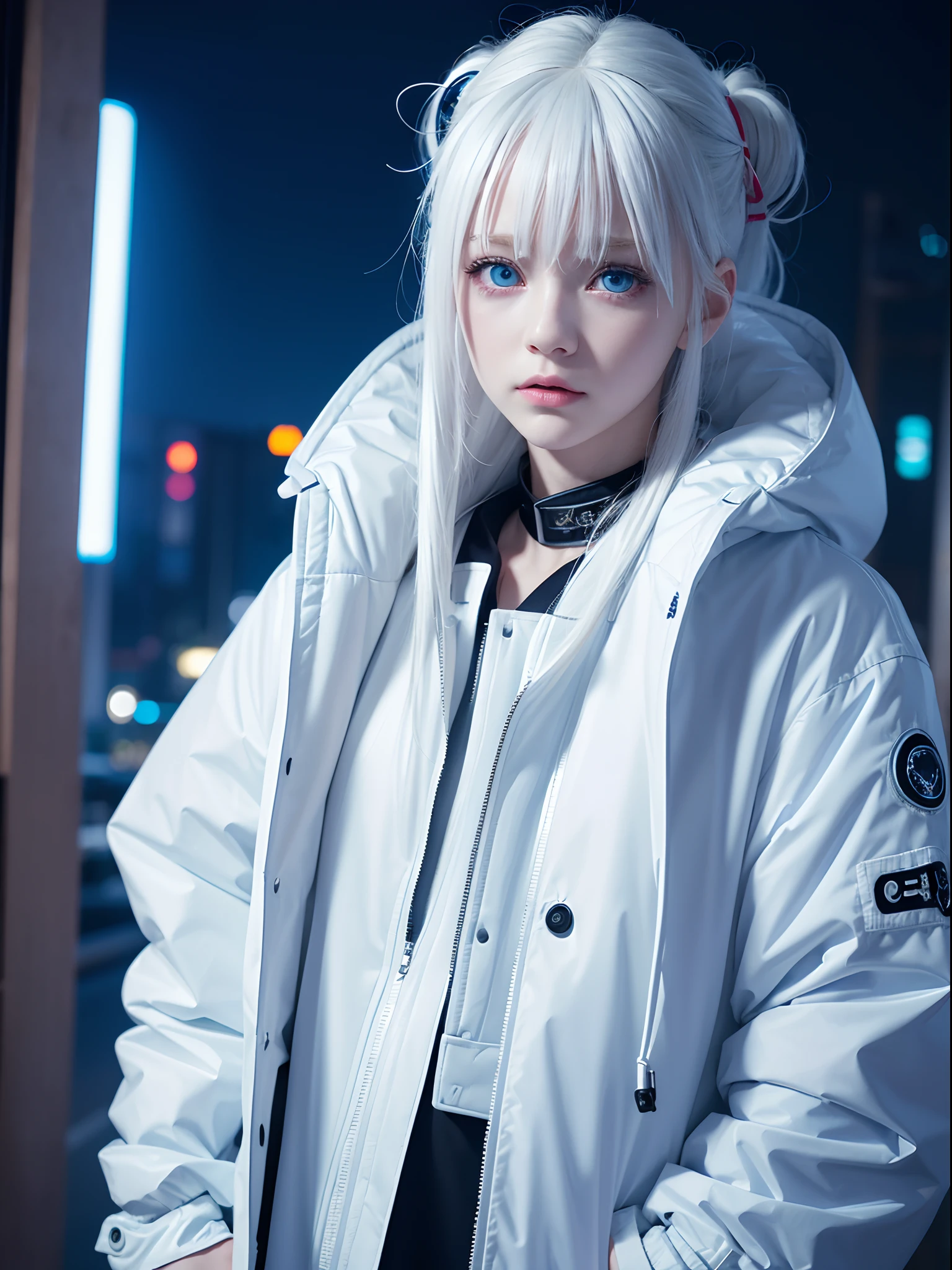 1girl,Albino, cute, white hair, blonde hair, beautiful, long hair, blue eyes, wearing a parka jacket, cyberpunk jacket, hair with a ribbon,night light ((8k, UHD, ultra realistic))