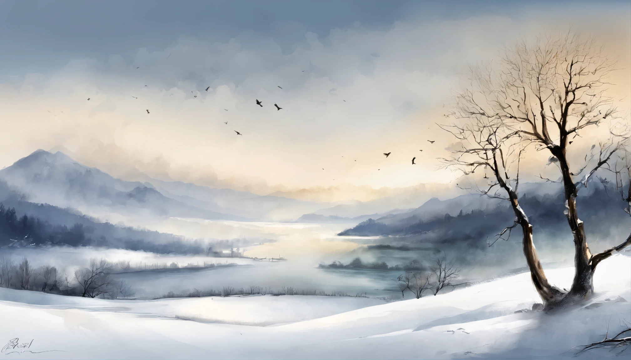 ink wash style,winter day、lakes、snow mountains、The tree、grassy fields、Rochas、hot onsen、hydrosphere、(illustratio:1.0)、Epic composition、Realistic lighting、high definition detail、tmasterpiece、Best quality,(非常详细的 CG 统一 8k 壁纸)
