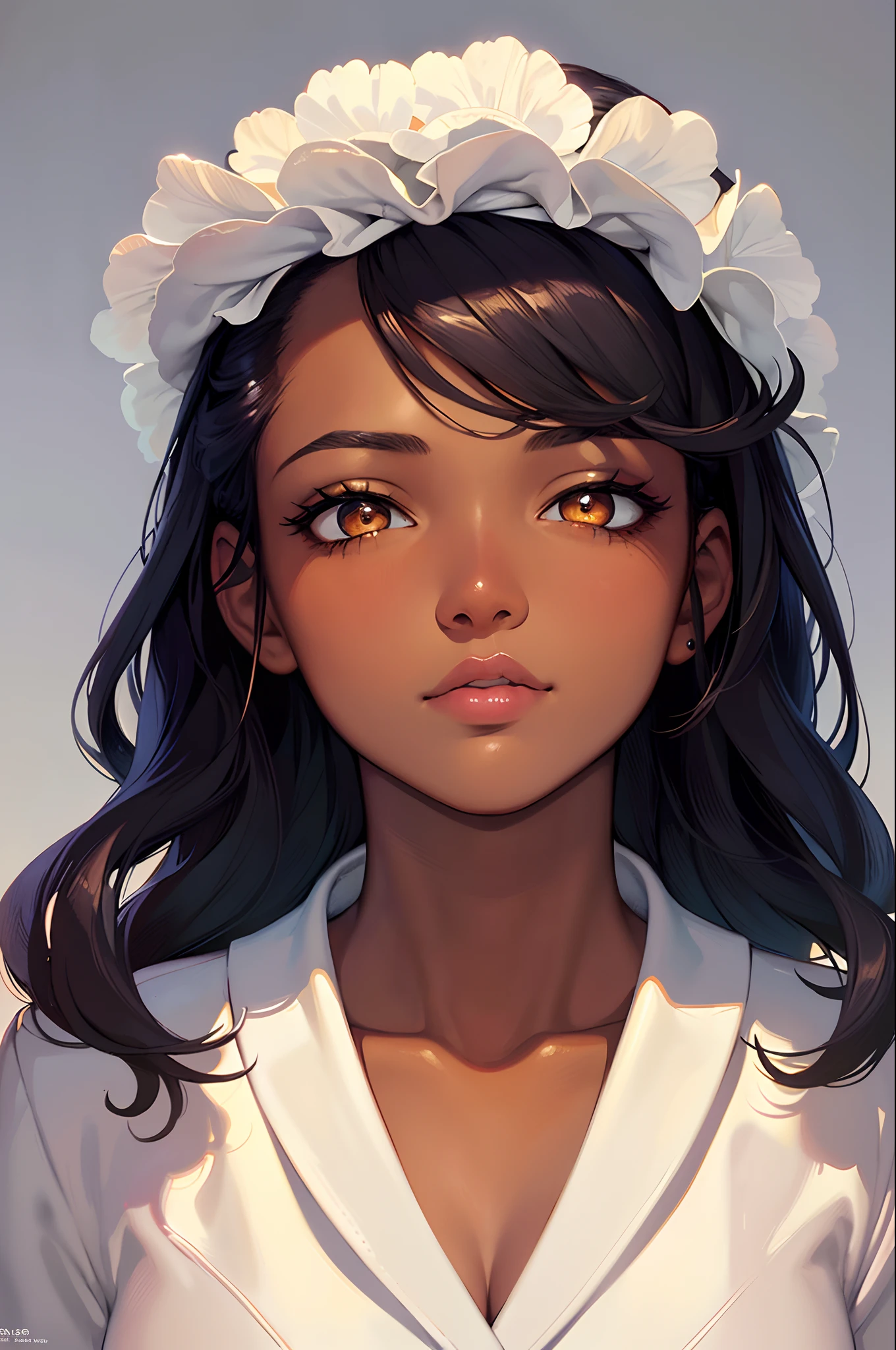 (A perfect masterpiece:1.2), (the best quality:1.2), dark-skinned woman wearing a school outfit, anime aesthetic, beautiful, lovely, contrasting colors, polished image, art of Albert Lynch and Adam Hughes, stunning face, big pupils, bright eyes, long and luxurious eyelashes, full lips, irresistible charisma.