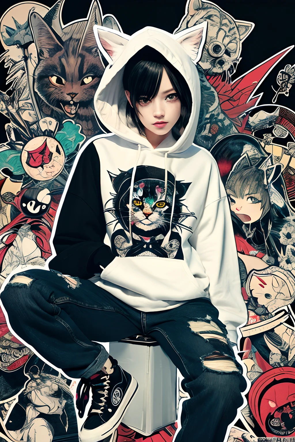 Cool and trendy cat Black hair, Red Eyes, Wear trendy hip-hop clothes, Wearing a hoodie, Graphic T-shirt and ripped jeans, Lots of tattoos and piercings, Doodle style background, Highly detailed background, perfect masterpiece, High quality, High resolution,japanese illustration,Fantasia,masutepiece,animesque