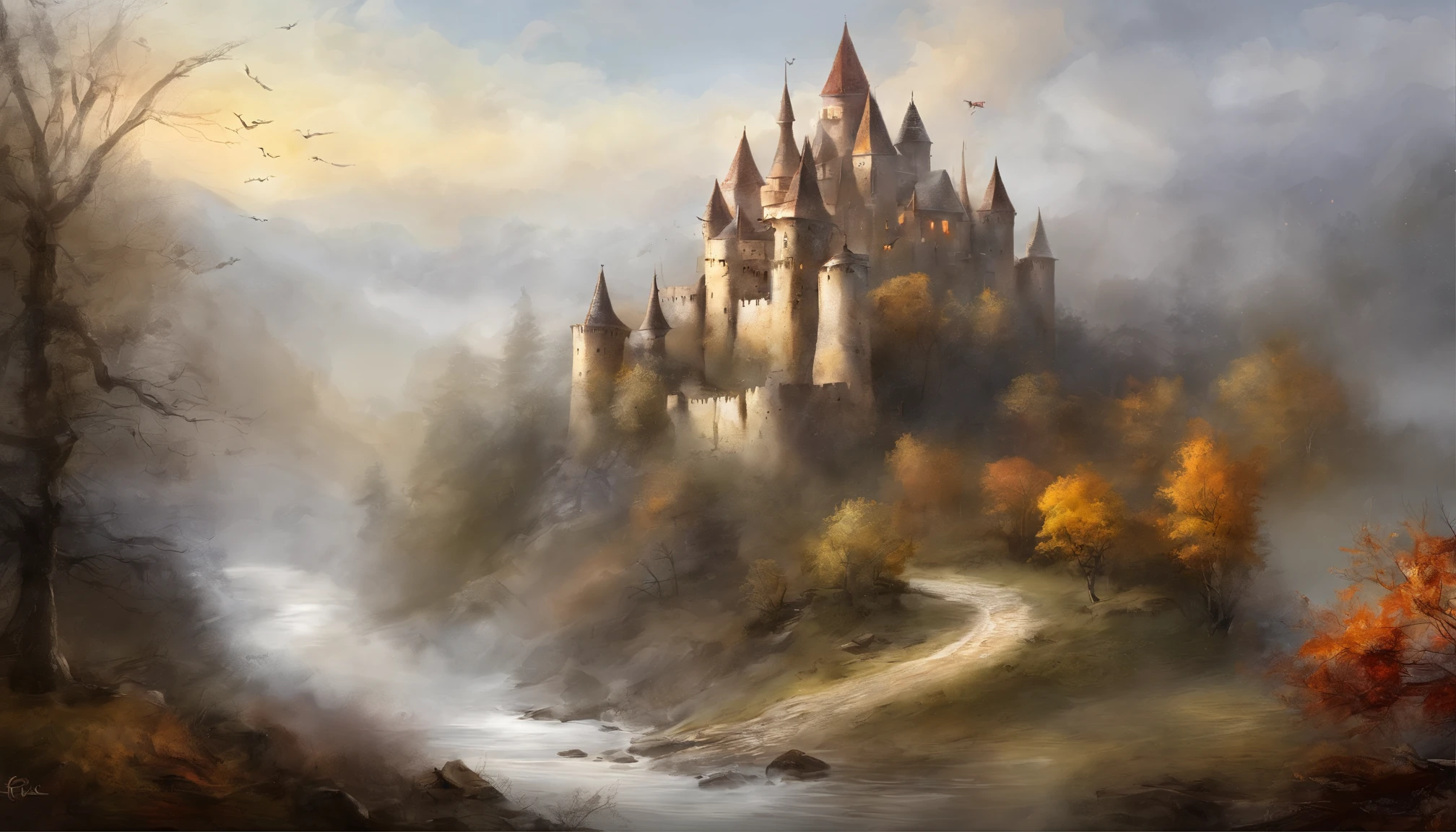 ink wash style，European-style castle，battlefiled，flame of war，winter day、Rochas、（illustratio：1.0）、Epic composition、Realistic lighting、high definition detail、tmasterpiece、Best quality，（非常详细的 CG 统一 8k 壁纸）