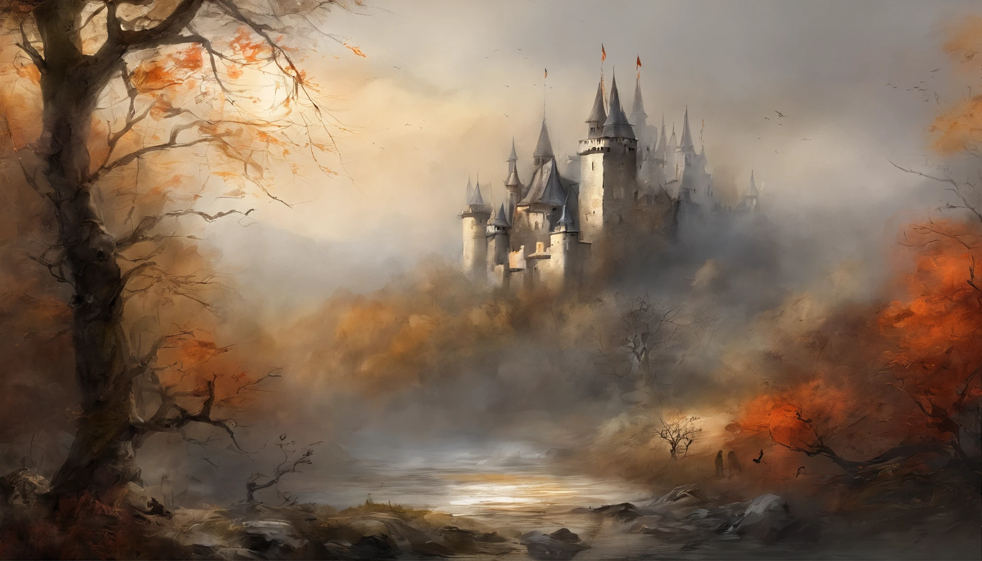 ink wash style，European-style castle，battlefiled，flame of war，winter day、Rochas、（illustratio：1.0）、Epic composition、Realistic lighting、high definition detail、tmasterpiece、Best quality，（非常详细的 CG 统一 8k 壁纸）