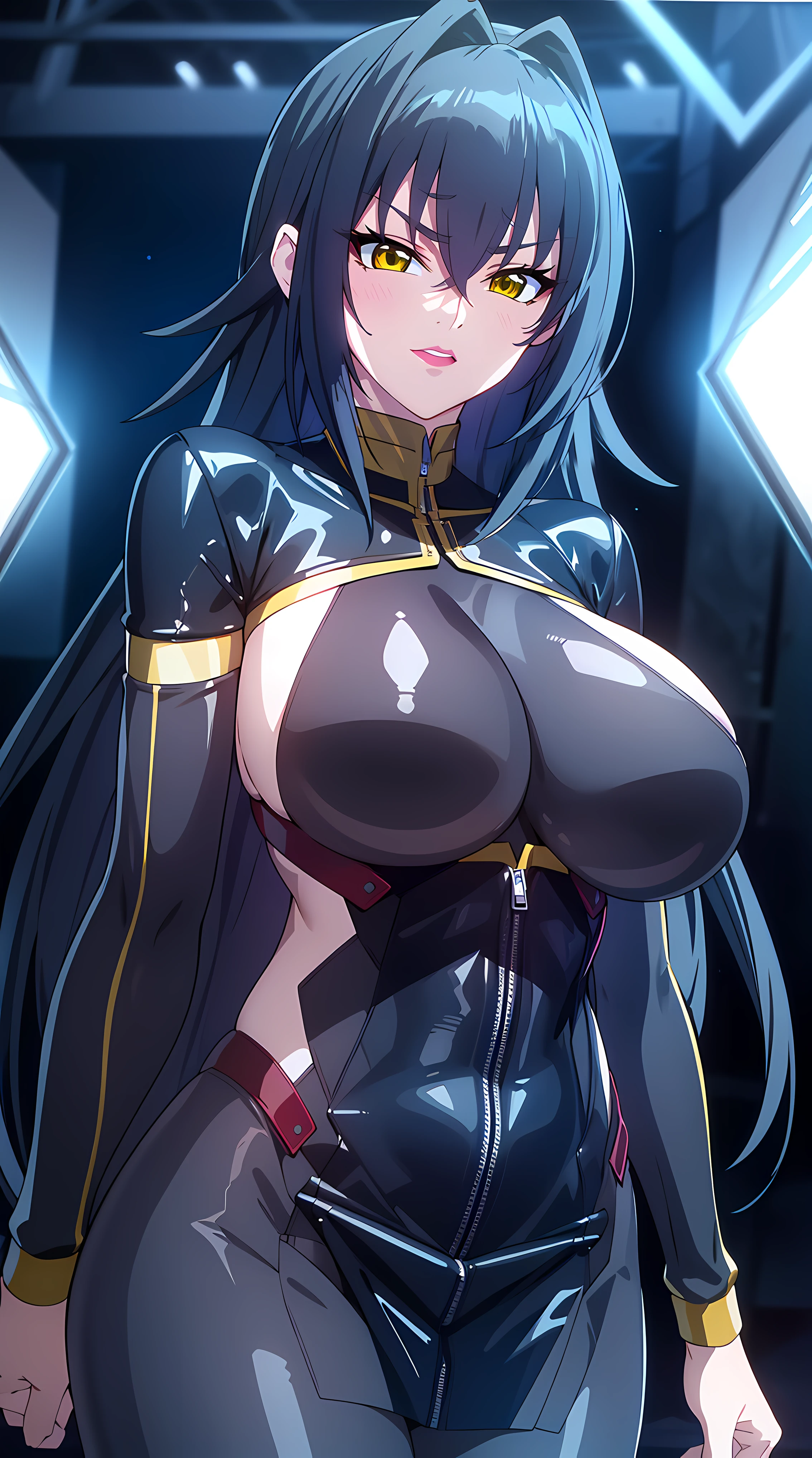 professional artwork, Intricate Details, field of view, sharp focus, detailed painting, photorealistic lighting, trending on pixiv, (masterpiece:1.0),(best_quality:1.0), ultra high res,4K,ultra-detailed, photography, 8K, HDR, highres, absurdres:1.2, Kodak portra 400, film grain, blurry background, bokeh:1.2, lens flare, (vibrant_color:1.2),
(Annerose:1), 1girl, female mature, black hair, long hair, yellow eyes, large breasts, bodysuit, higheels, shiny clothes, skin tight, hair intakes, covered breasts,
simple plain white background, (solo:1.5),