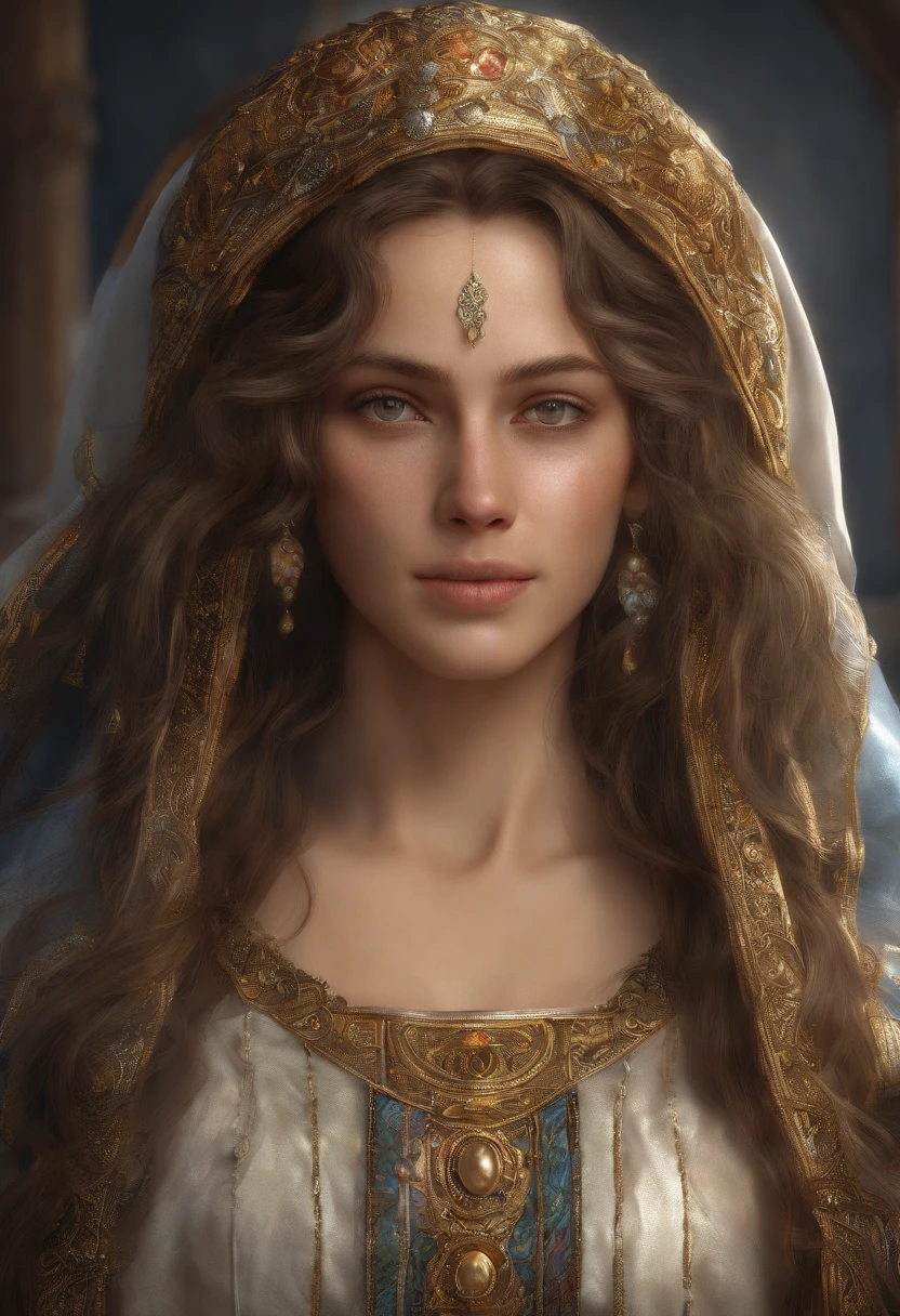 Female priest with long curly hair, robes religieuses, head down, les mains jointes, Wearing a tiara, a simple halo around his head, Des yeux clairs brillants, saint, couleurs vives, Light particles, with bright light, Mshiff, Art du papier peint, UHD wallpaper