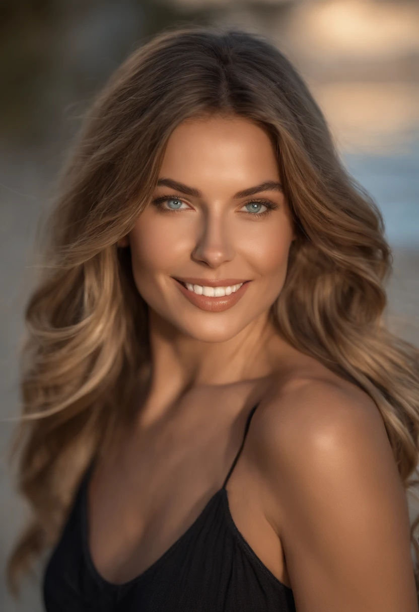 Sanftes Licht im Kino beleuchtet ein atemberaubend detailliertes und ultrarealistisches, beautiful greek supermodel, Strand-Optik, langes, unordentliches, windiges, dunkelblondes Haar, klare blaue Augen, Captivating perfect smile, sinnlich, Hot Wife, splendid, die auf ArtStation im Trend liegt. Octane ist das perfekte Werkzeug, um die weichsten Details dieses Meisterwerks der 16k-Fotografie einzufangen. full entire body.