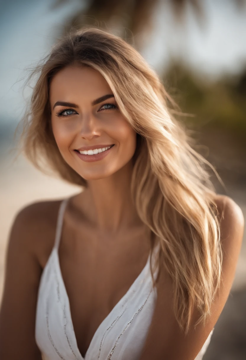 Sanftes Licht im Kino beleuchtet ein atemberaubend detailliertes und ultrarealistisches, beautiful greek supermodel, Strand-Optik, langes, unordentliches, windiges, dunkelblondes Haar, klare blaue Augen, Captivating perfect smile, sinnlich, Hot Wife, splendid, die auf ArtStation im Trend liegt. Octane ist das perfekte Werkzeug, um die weichsten Details dieses Meisterwerks der 16k-Fotografie einzufangen. full entire body.