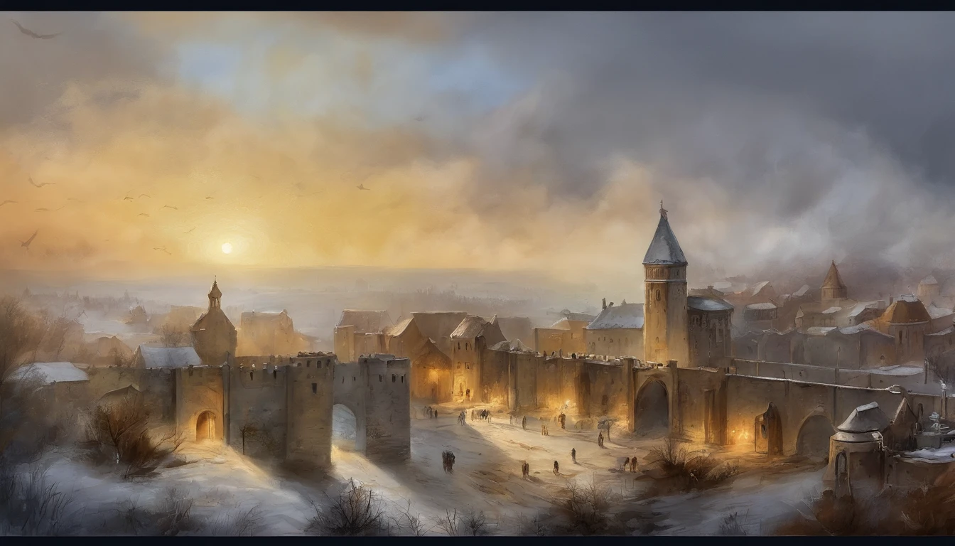 ink wash style,(Broken European-style city gates),battlefiled,Fire on the ground,winter day、Rochas、(illustratio:1.0)、Epic composition、Realistic lighting、high definition detail、tmasterpiece、Best quality,(非常详细的 CG 统一 8k 壁纸)