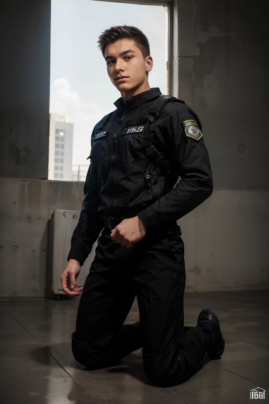 male posing, (((16yo), full body view, atmospheric, ultra realistic, SWAT fighter, kneel, SWAT uniform