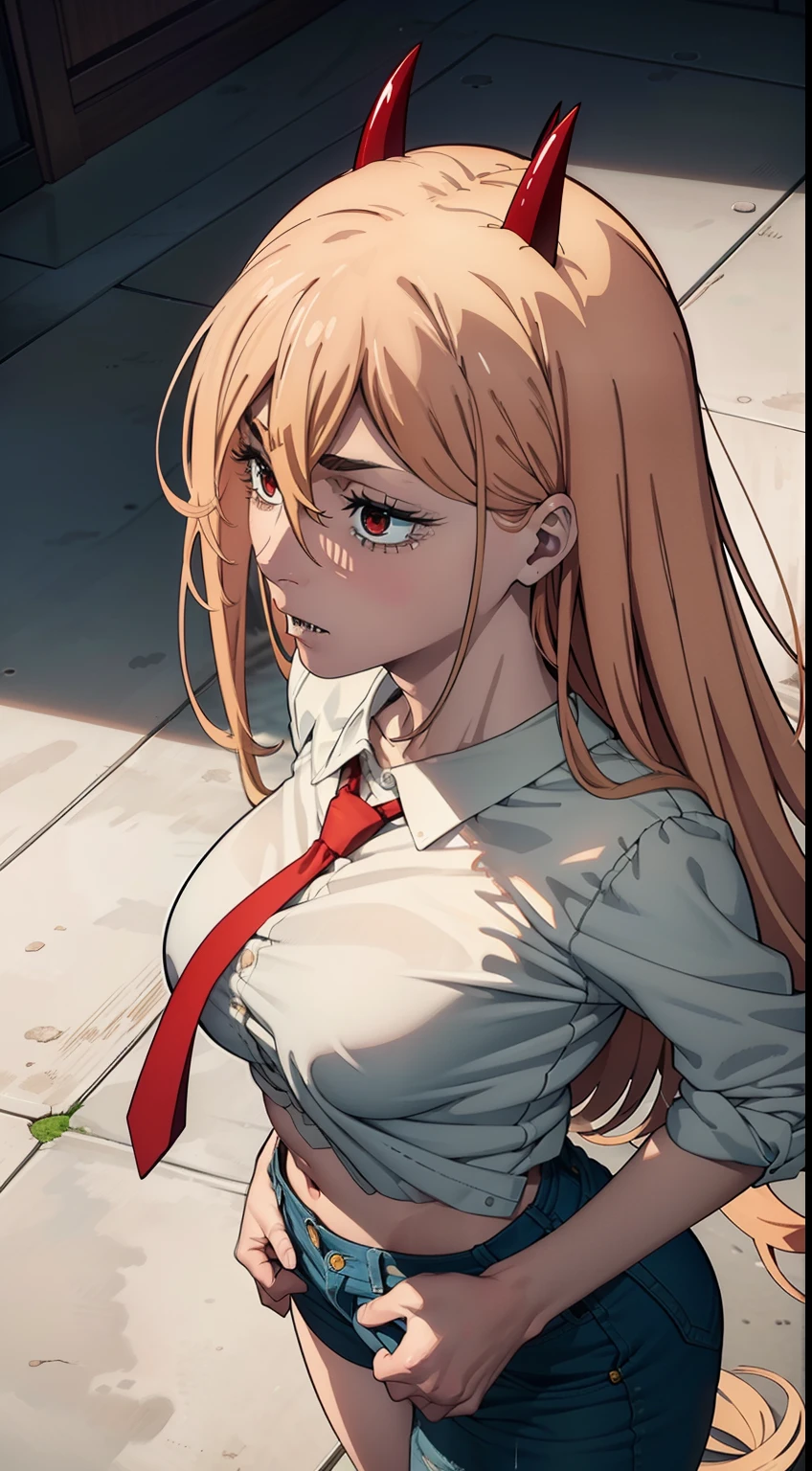 The camera looks down on her, lying on his back, Picture from above, overhead view, white shirt, red tie, tucked-up jeans, sneakers, Beautiful waist, You can see the whole figure, nice feet, Old, laughting, waist, buttocks, ultra sharp image, Beautiful figure, Beautiful little breasts, sexypose, sharp teeth, laughting, ultra detail face, Ultra Transparent, Chainsaw Man Energy, Two red sharp horns on the head, ultra sharp image, Ultra Beautiful, little chest. hairlong, blonde woman, Beautiful figure, taut clothes, red-eyes, Red crosses and circles instead of pupils, handsome body, sexy clothes, Beautiful eyes, very detailed eyes, Very detailed face, handsome body, Cherecter Desing, Very detailed, Detailed body, Detailed hands, Detailed, Vibrants, Detailed Face, sharp-focus, WLOP, artgerm, anime art, Vibrants, Detailed Face, Hugh Details, sharp-focus, Very drooping face, A detailed eye, super fine illustration, better shadow, finely detail, Beautiful detail
