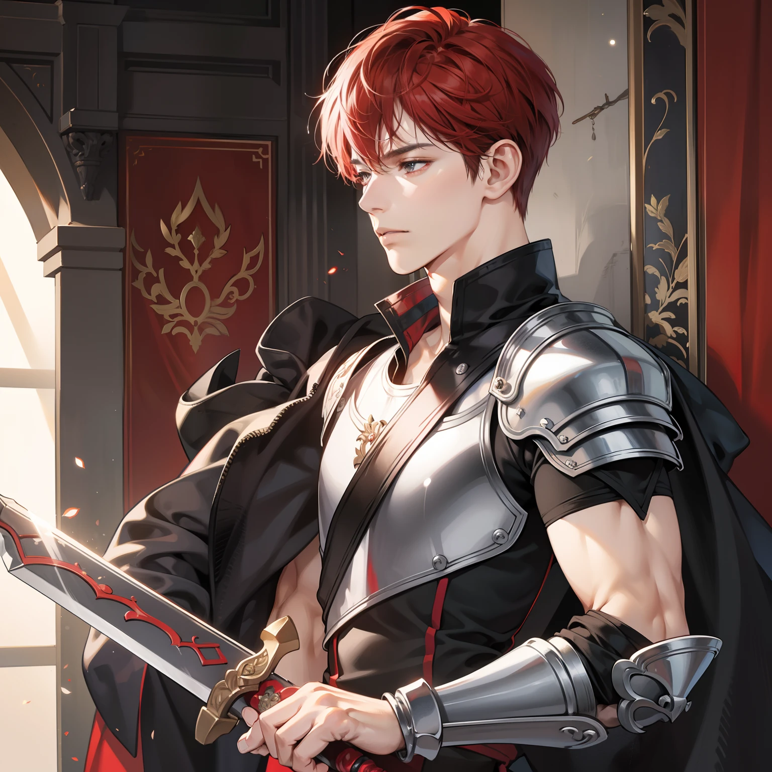 Masterpiece, high quality, best quality, HD, realistic, perfect lighting, detailed body, 1 man, short red hair, black red t-shirt, calm expression, wearing armor and sword, in the palace