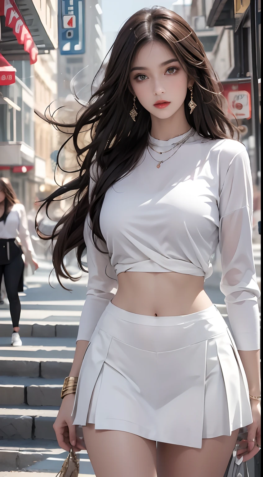 wearing a shirts,White Skirt Ticker,best qualtiy:1.4, Photorealista:1.4, Skin Texture:1.4, masterpiece:1.8, 1 Women, hips up high, beautidful eyes, The long-haired, Ringed Eyes, jewely,