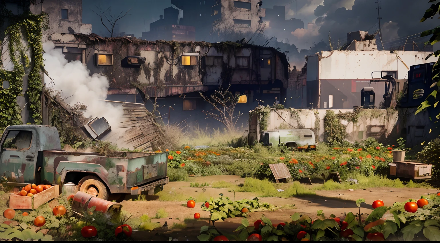 There was a truck parked in a field with tomatoes, trpical garden, Vegetative apocalypse, cyberpunk in foliage, key art, post-apocalyptic hellscape, heavy vignette!, outdoors ruined cityscape, Post apocalyptic scenario, In the cyberpunk countryside, Overgrown garden setting, apocalyptic 8 k, Armageddon 8K, post apocalyptic landscape, an overgrown,Overgrown with shiny spots