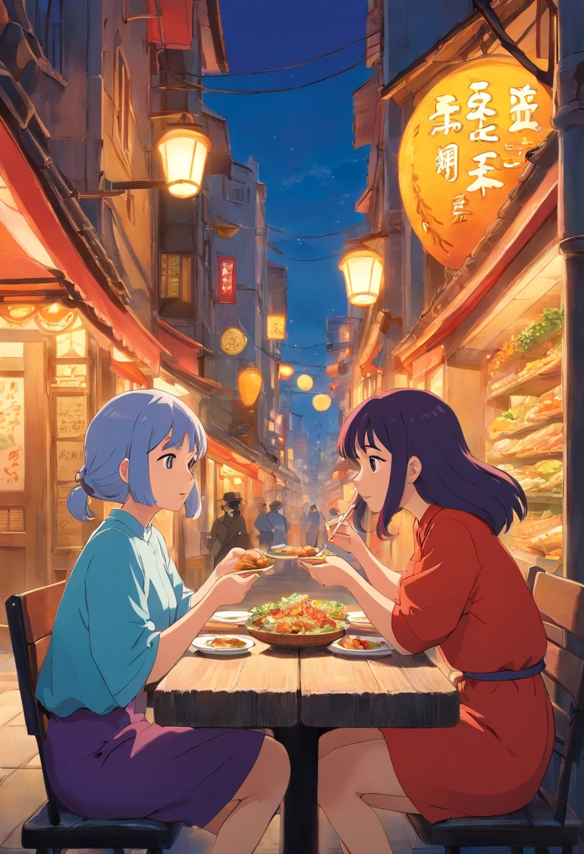 A woman,modern urban,Giants,and another woman,Eat together,Intimate look