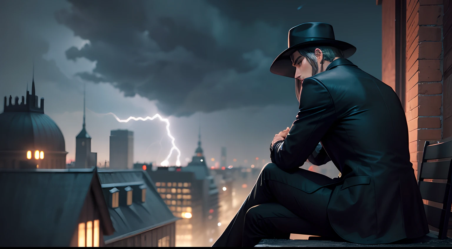 A man Black pent and black over coat, Black hat, attitude, sitting on chair on a roof, head down not showing face, night, beautiful building behind him, Lightning flashes in the sky