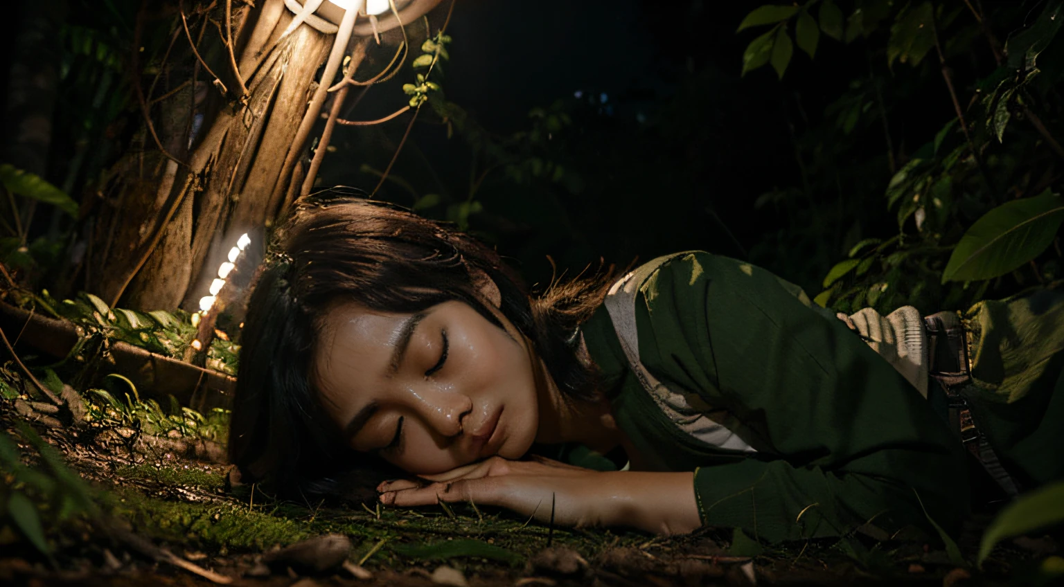 korea girl sleep, in jungle, under wood, night, Wide picture