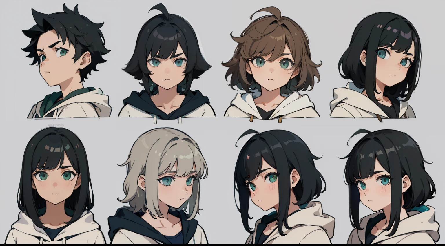 ((Masterpiece, Highest quality)), Detailed face, character sheets, full bodyesbian, 1boys, Green eyes, Black hair,  short detailed hair， Messy hair, ((pointy hair)), Hoodie, hair between eye, school uniform, gray theme, Full of details, Multiple poses and expressions, Highly detailed, Depth, Many parts