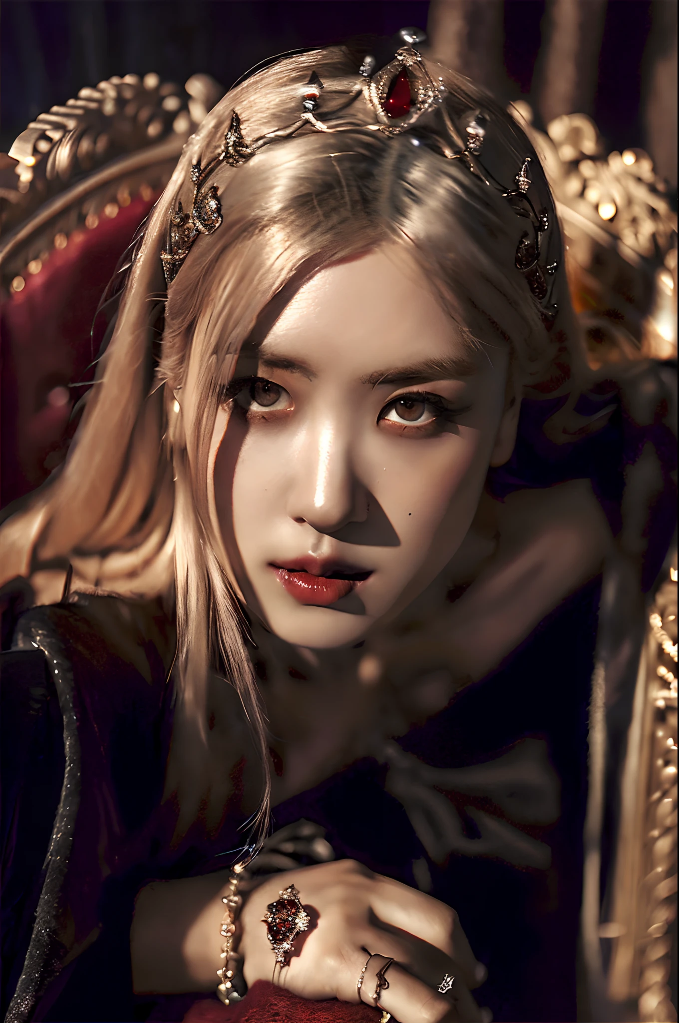 (best quality,4k,8k,highres,masterpiece:1.2),ultra-detailed,(realistic,photorealistic,photo-realistic:1.37), in the Castle, vampire girl, messy hair, blood, dark vibe, in her throne, beautiful crown,beautiful detailed eyes, beautiful detailed lips, extremely detailed eyes and face, blonde hair, class in the background