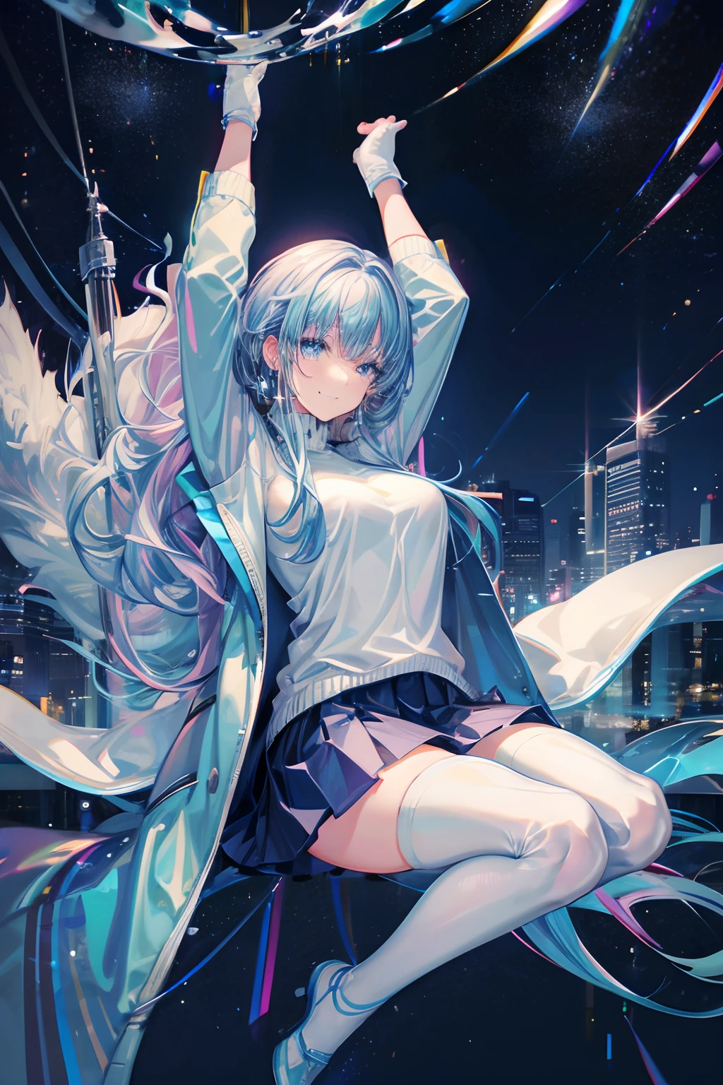 Masterpiece, Best quality, stars, Night, sky, Real, Cityscape, Huge_filesize, the wallpaper, Girl,  yukkuri_shiteitte_The No, Medium hair, Striped hair, Wavy hair, view the viewer, aqua eyes, grin, Sparkling eyes,  shirt, Sweater jacket, Bare_bshoulders, Miniskirt, Sukusui, white thighhighs, Earrings, fingerless_mitts, half gloves , Spread legs, Legs_Up, Sam_polypubic hair, Skirt lift,