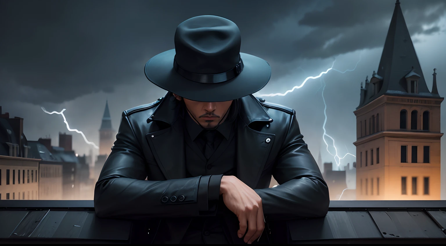 A man Black pent and black over coat, Black hat, attitude, sitting on chair on a roof, head down not showing face, night, beautiful building behind him, Lightning flashes in the sky