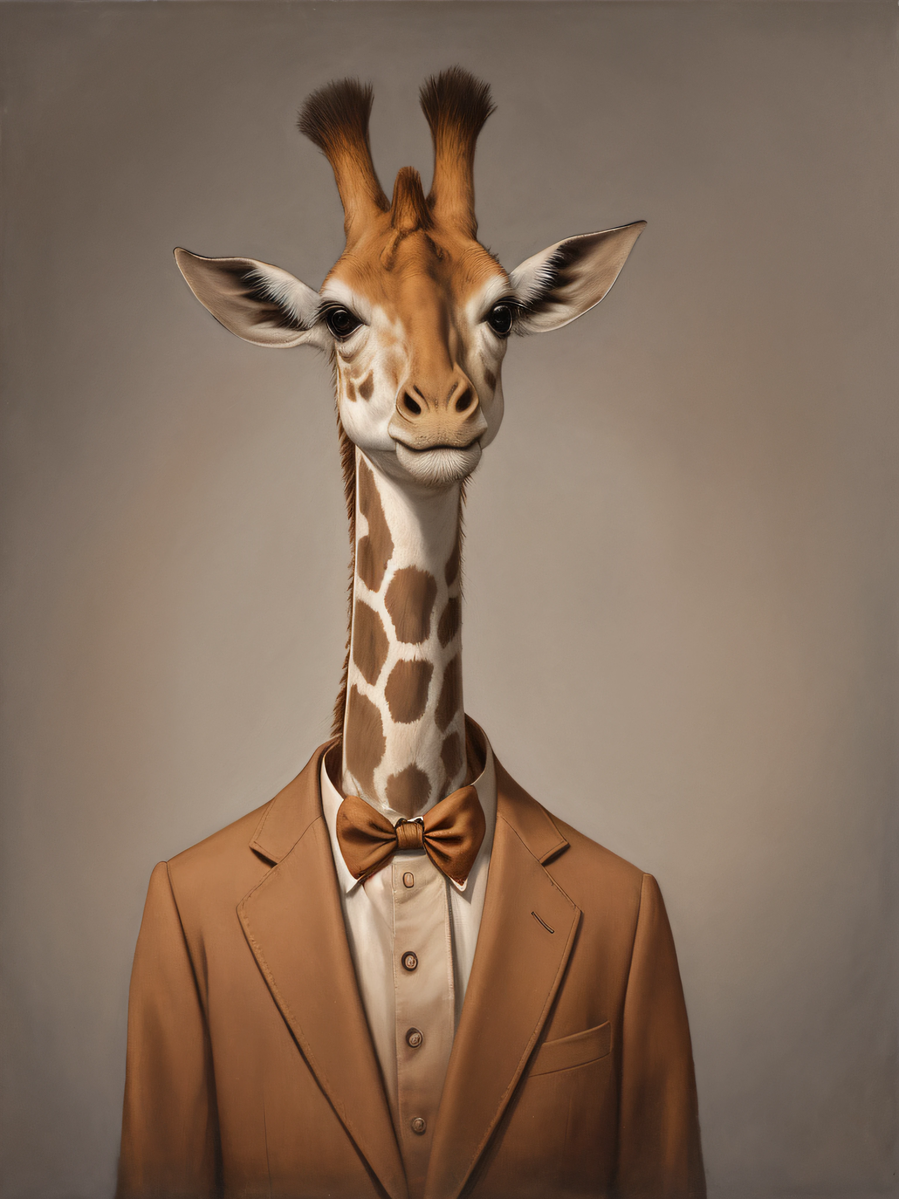 Pintura de una girafa con esmoquin y pajarita, Fusion of animals with giraffe heads,Anthropomorphic donkey,, Estilo Mark Ryden, Mark Ryden muy detallado, Mark Ryden en el estilo de, Estilo de Mark Ryden, Anthropomorphic hermosajirafa, por Mark Ryden, Surrealismo pop lowbrow