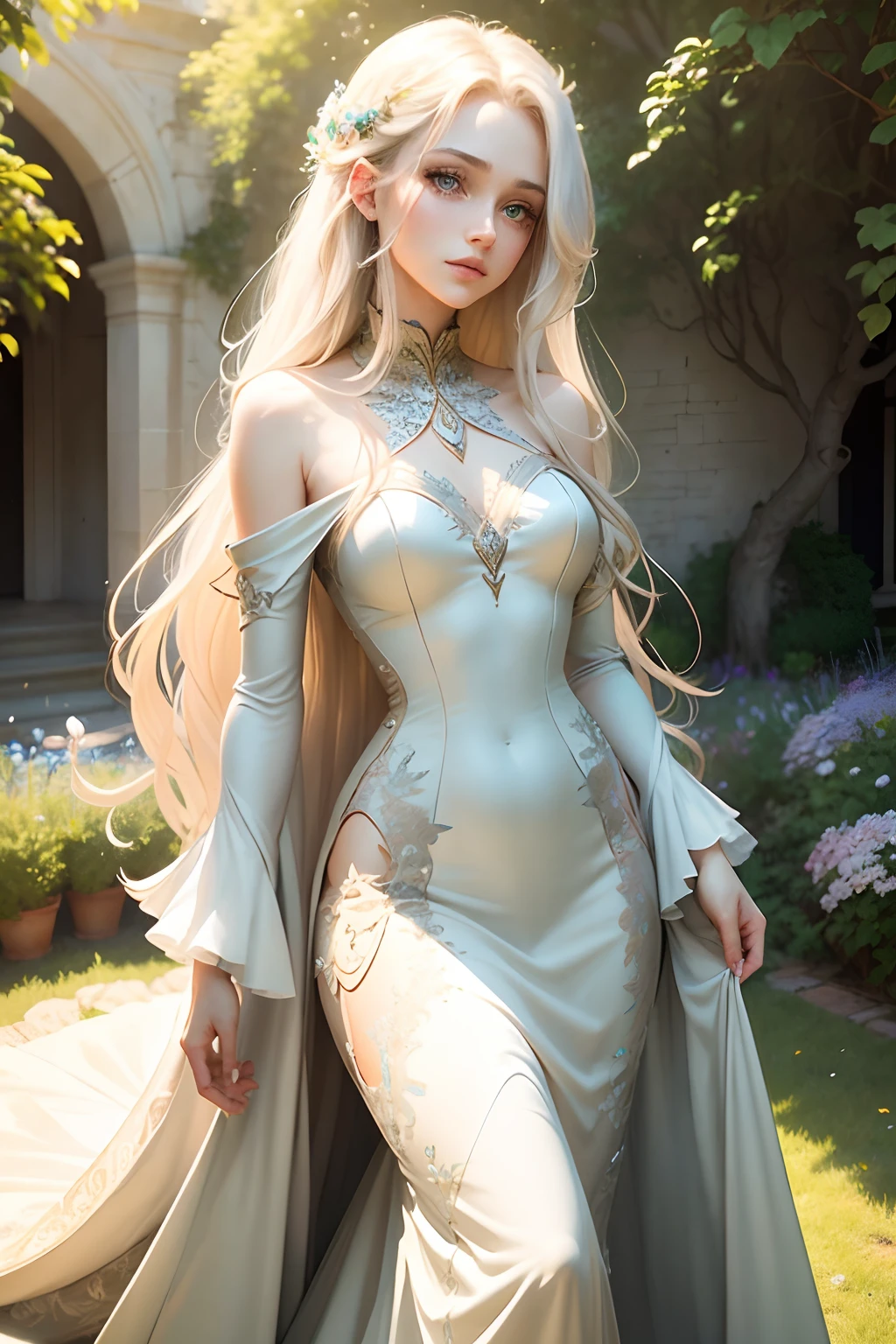 lexia von arselia:portraits,a girl with ethereal beauty, porcelain skin, shimmering green eyes, long blond flowing hair, wearing an elegant gown with delicate lace details, standing in a lush garden filled with vibrant flowers and blooming trees,bathed in soft golden sunlight,exuding an air of mystery and grace, surrounded by butterflies and hummingbirds, with a hint of nostalgia and melancholy,vibrant colors and rich textures, capturing a moment of timeless beauty and enchantment.