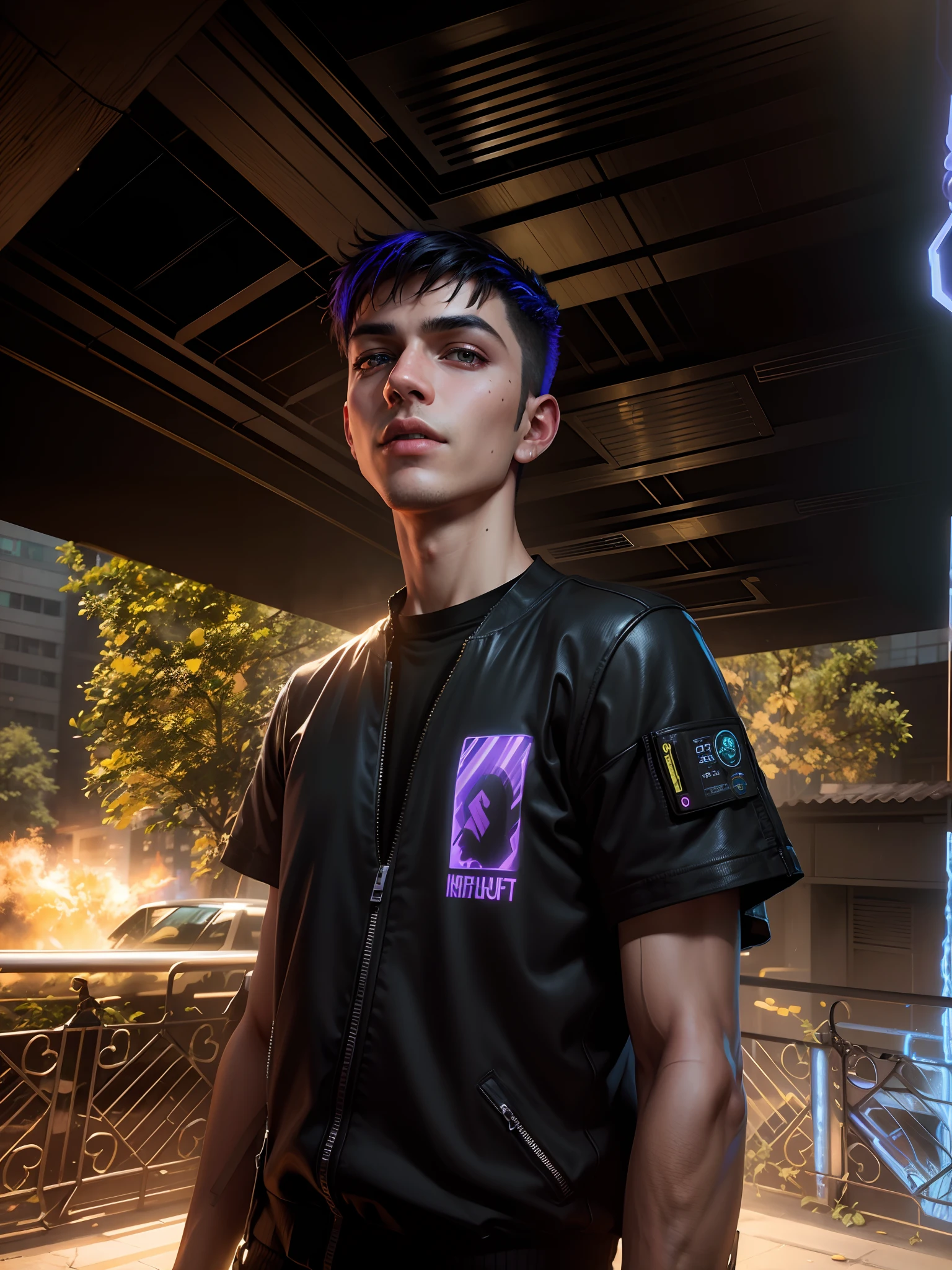 Change background cyberpunk handsome boy, realistic face, 8k, ultra realistic,