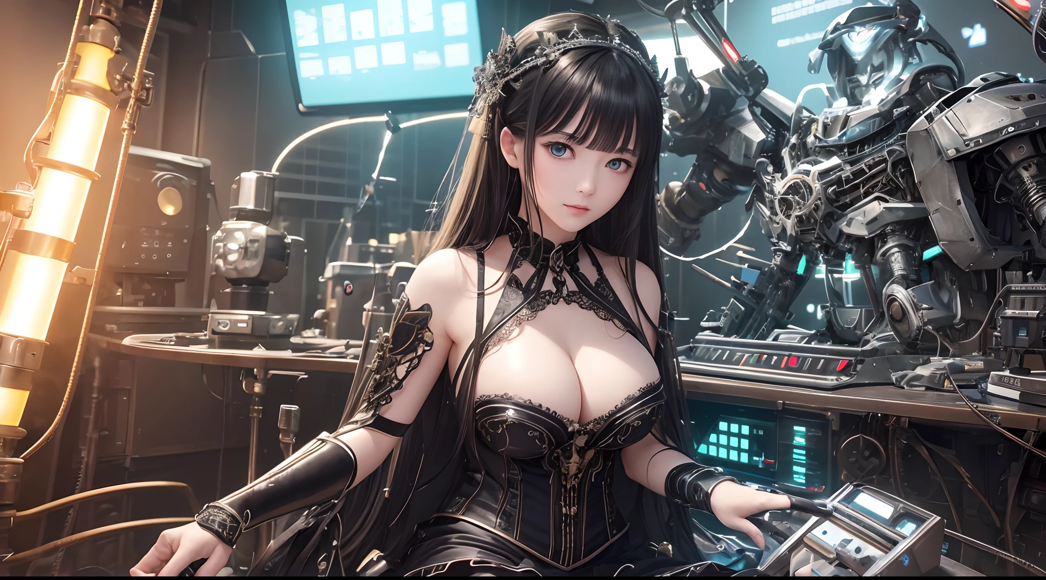 top-quality、masterpiece、超A high resolution、(Photorealsitic:1.4)、Raw photo、1人、Black hair、With bangs、glowy skin、1 Mechanical Girl、((super realistic details))、portlate、Global Illumination、Shadow、octan render、8K、ultrasharp、Colossal tits、Raw skin is exposed in cleavage、metals、Details of complex ornaments、face perfect、Gothic Loldetails、Analog Meter、Hydraulic cylinder、highly intricate detail、Realistic light、CGSoation Trends、green colored eyes、radiant eyes、Facing the camera、neon details、Mechanical limbs、blood vessels connected to tubes、mechanical cervical attaching to neck、sitting on、Wires and cables connecting to the head、Small LED lamp、Image of AI、The background is a server room、TOKYOcty、jpn、Full body like、