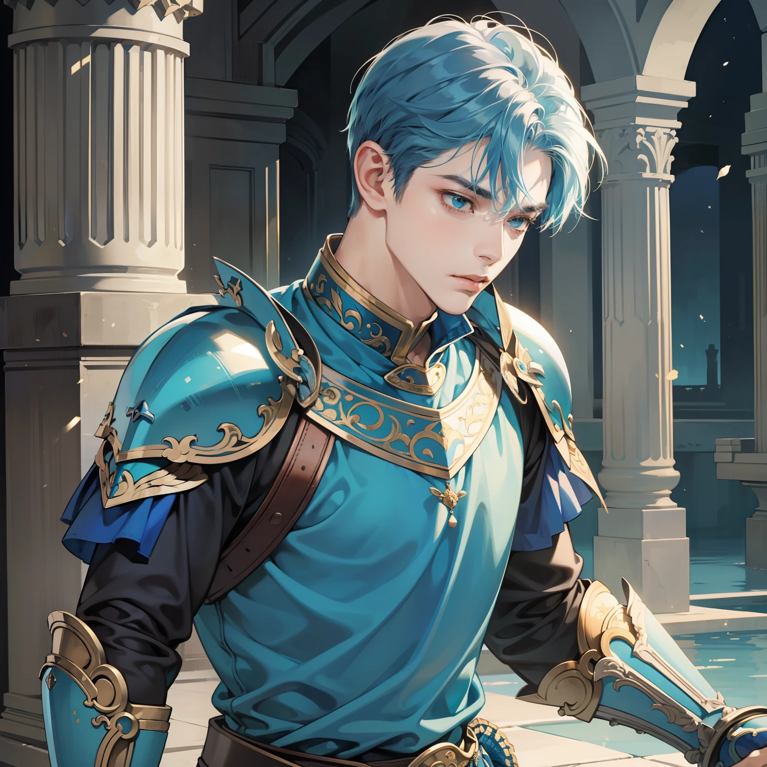 Masterpiece, high quality, best quality, HD, realistic, perfect lighting, detailed body, 1 man, short blue hair, cyan t-shirt, calm expression, wearing armor and sword, in the palace