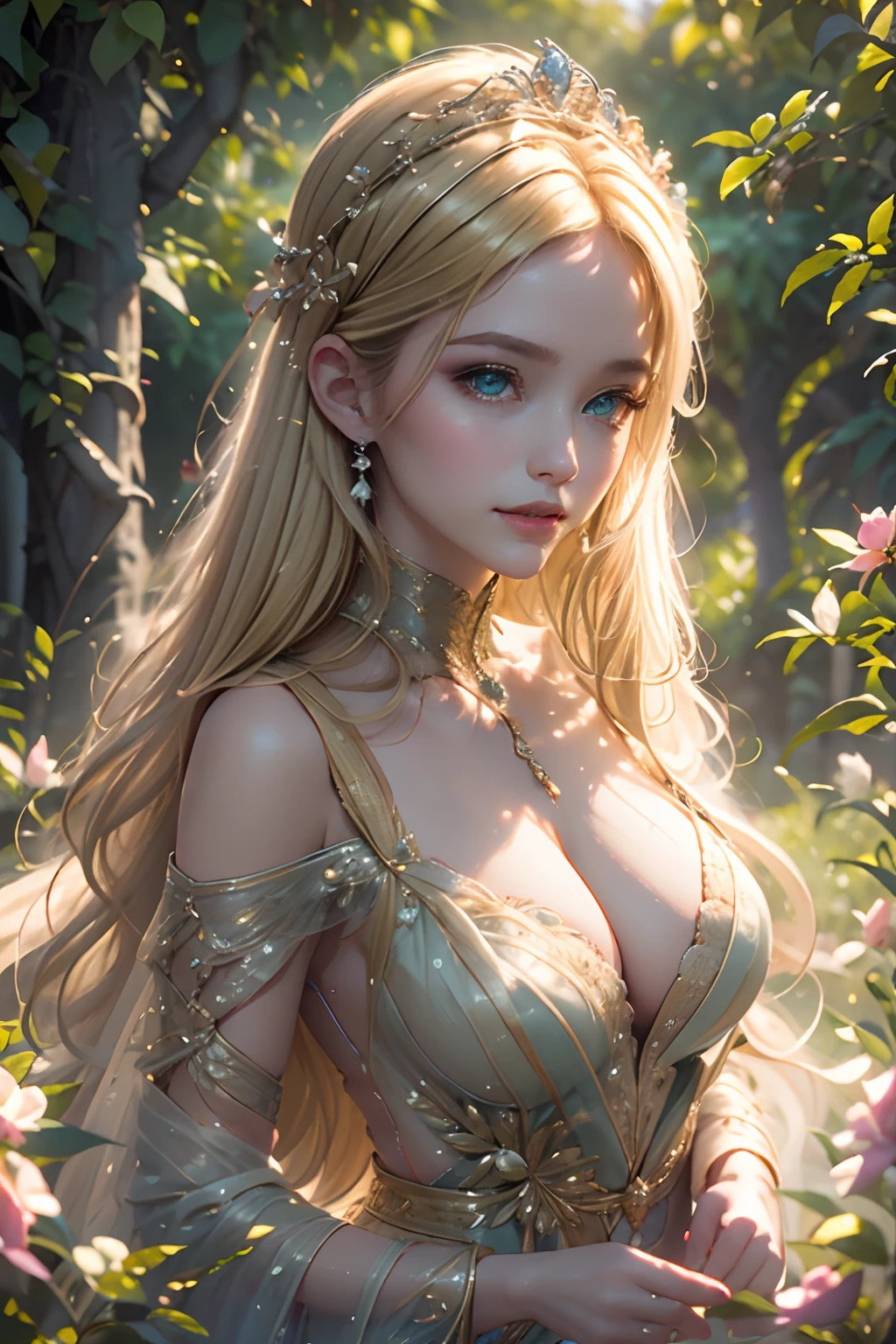 Best Quality,Ultra-detailed,Realistic,Green-eyed blonde princess,beautiful detail eyes,beautiful detailed lips,long eyelashes,royal dress,Sparkling tiara,The surroundings of the garden,Soft sunlight,Concept Artists,Portrait,Mesmerizing colors
