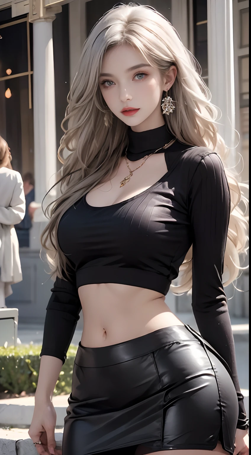 Tight knitted skirt、nffsw,best qualtiy:1.4, Photorealista:1.4, Skin Texture:1.4, masterpiece:1.8, 1 Women, hips up high, beautidful eyes, The long-haired, Ringed Eyes, jewely,large full breasts