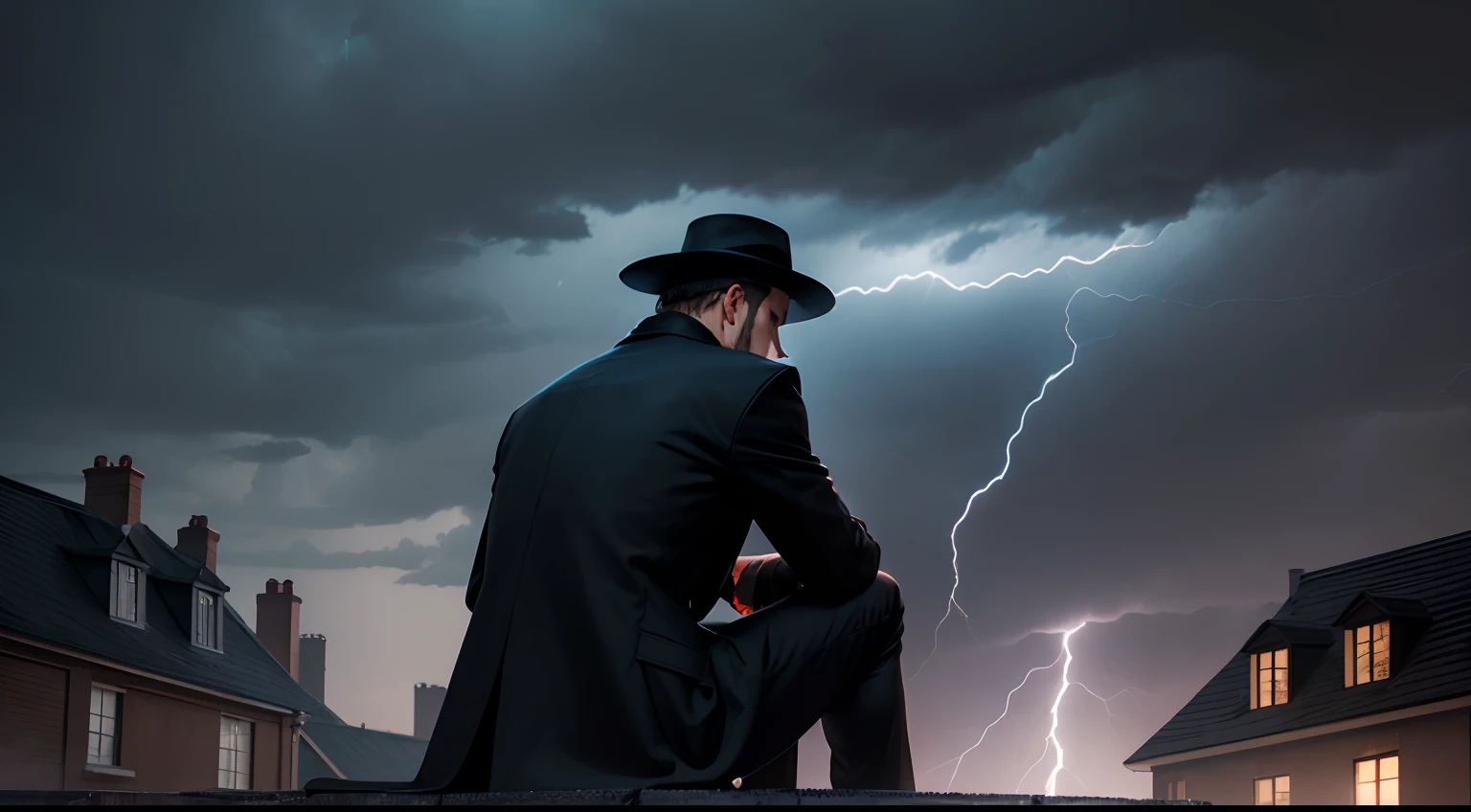 A man Black pent and black over coat, Black hat, attitude, sitting on chair on a roof, head down not showing face, night, beautiful building behind him, Lightning flashes in the sky،The man is facing the camera