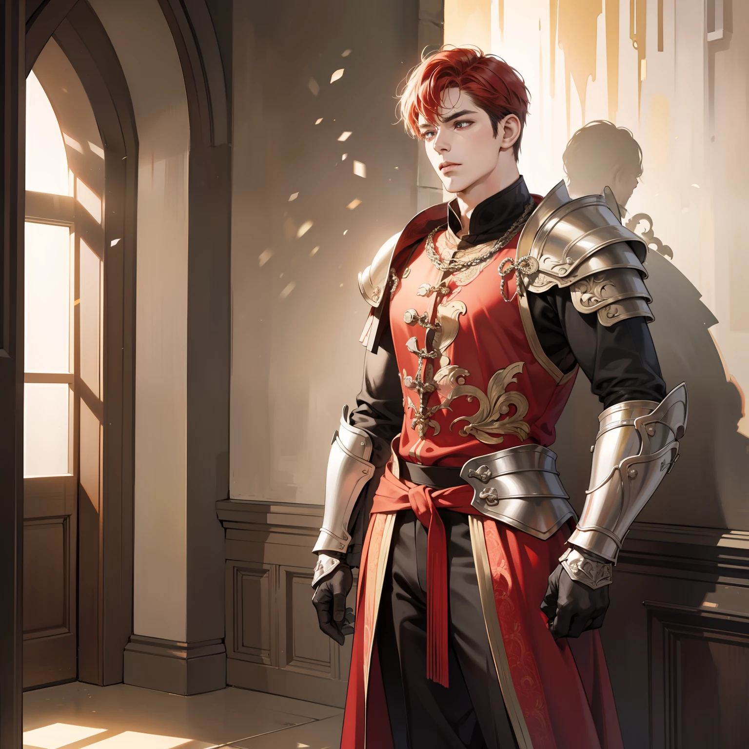 Masterpiece, high quality, best quality, HD, realistic, perfect lighting, detailed body, 1 man, short red hair, black red t-shirt, calm expression, wearing armor, in the palace