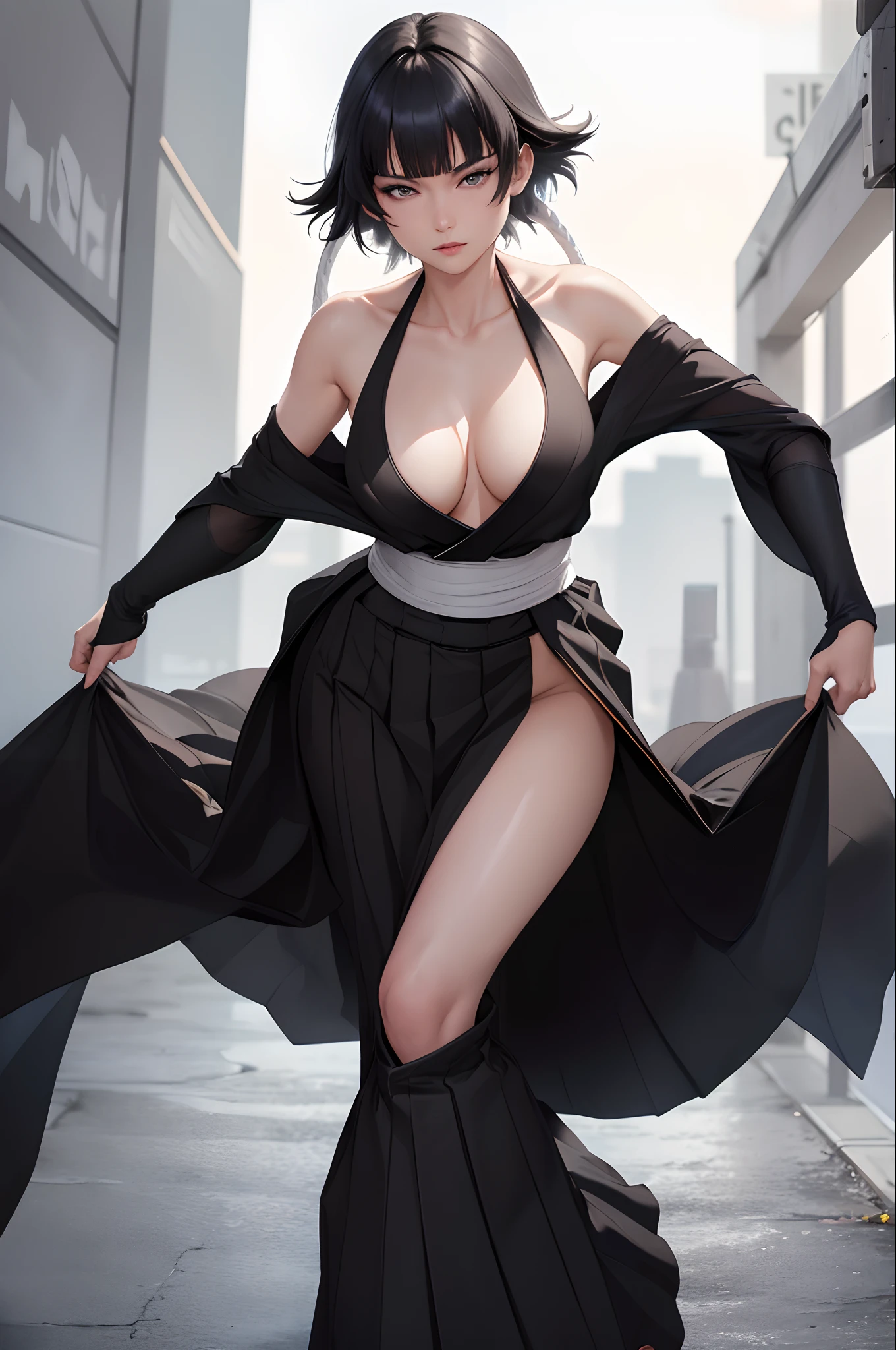 (Masterpiece), (Best quality), (Beautiful eyes and face), (Perfect female body), (Shiny skin), Off-the-shoulder attire,Close-up shot,sportrait,1girll, Solo, Black hair, Short hair, bobbed long hair, With gray eyes,black kimono, Sleeveless, white sash, Black hakama skirt, (Long skirt:1.2), cleavage