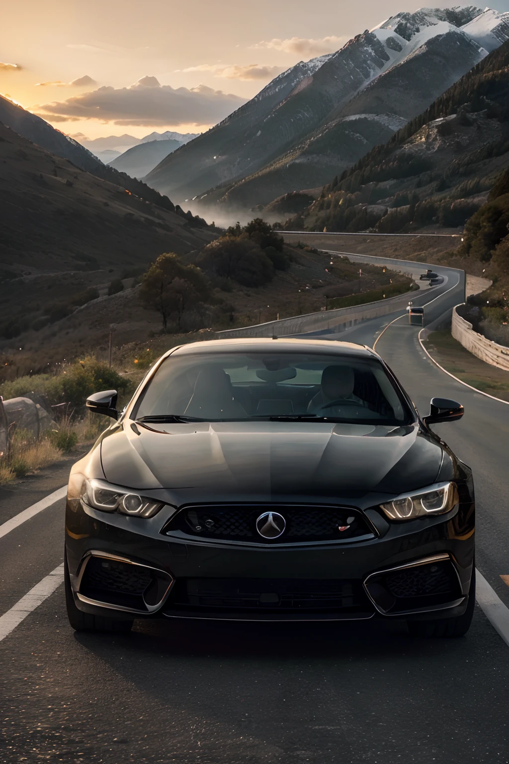 high quality, 8k, realistic, detailed car, shiny metallic finish, sleek design, luxury car, black exterior, tinted windows, polished chrome details, strong and powerful engine, roaring sound, speeding down a highway, long stretch of road, mountains in the background, sunset lighting, vibrant colors, dynamic composition, professional photography