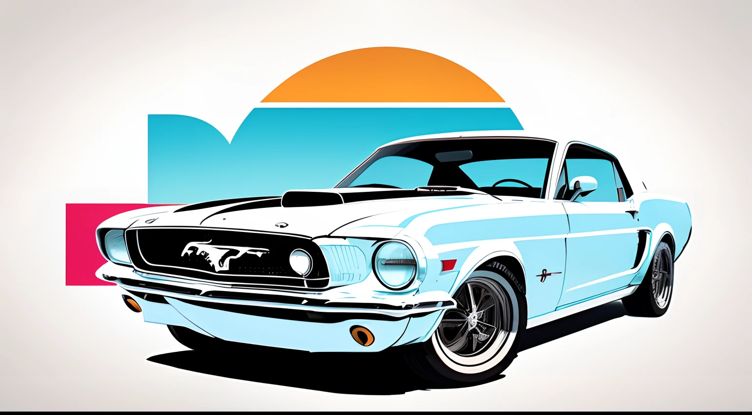 artwork of t-shirt graphic design, flat design of one retro, retro Mustang, colourful shades, highly detailed clean, vector image, photorealistic masterpiece, professional photography, simple sunrise backdrop, flat white background, isometric, vibrant vector ((white background))