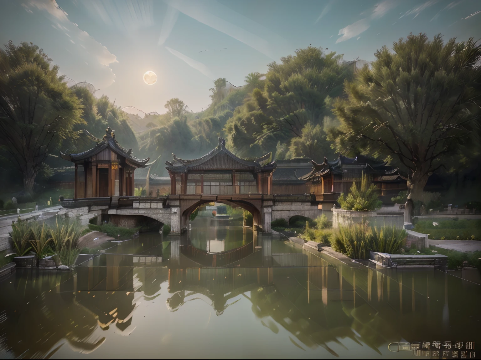 (Masterpiece, Best Quality, Illustration, Fine Detail), ((Very Detailed CG Unity 8k Wallpaper, High Resolution)), High Saturation, Low Brightness, ConceptArt, ((Unmanned)), (Landscape), (Small Bridge Flowing Water), (Jiangnan Water Town), Sky, Night, (Full Moon), Cloud, Outdoor, Architecture, River, Suzhou Garden