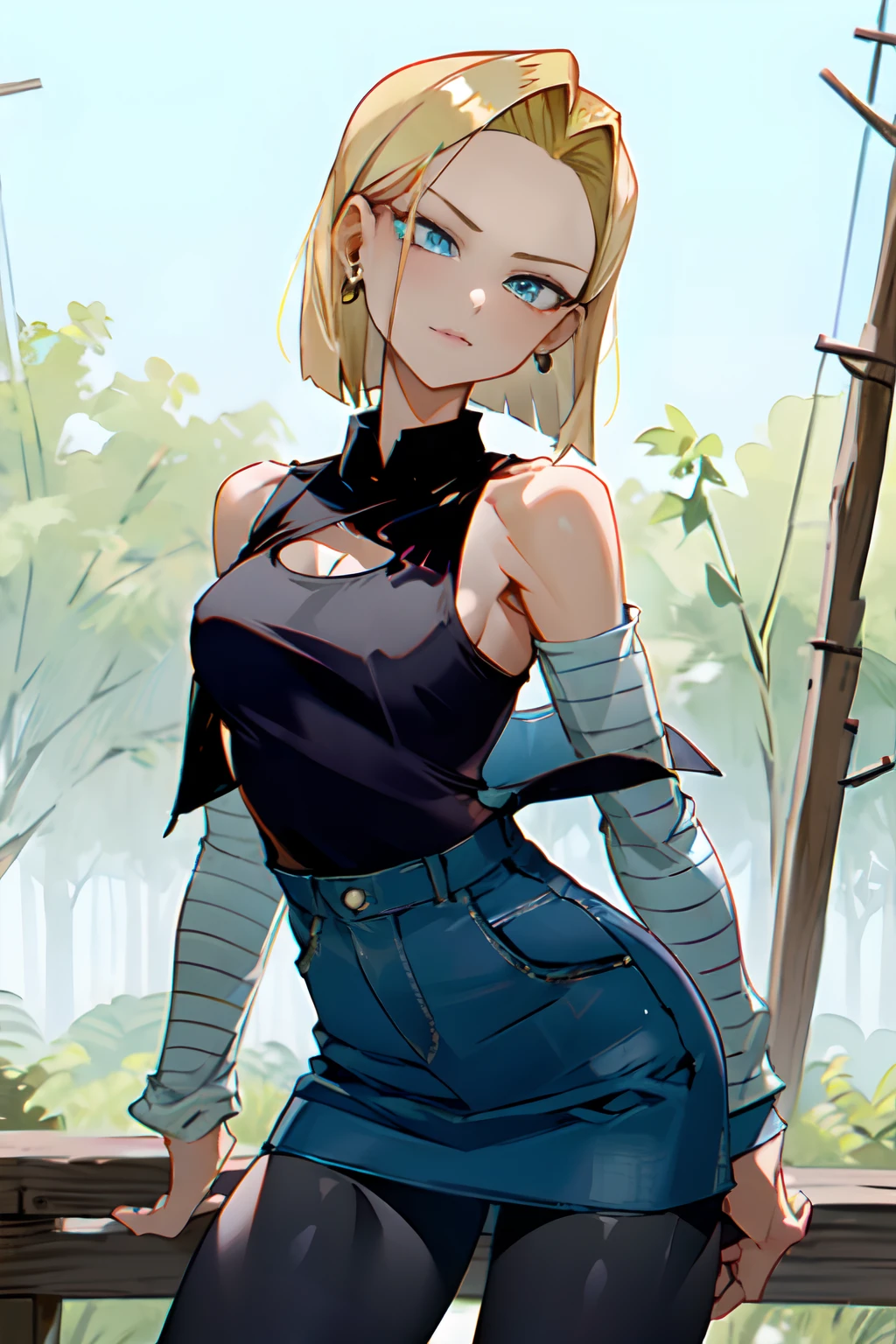 best quality, highres, and18, 1girl, android 18, solo, blonde hair, blue eyes, short hair, earrings, jewelry, denim vest, open vest, black pantyhose, black shirt, denim skirt, striped long sleeves, blue skirt, medium breasts, cowboy shot, street, (Externally expanded Chest:1.2), (Strapless:1.2), off-the-shoulder, bent over, forest