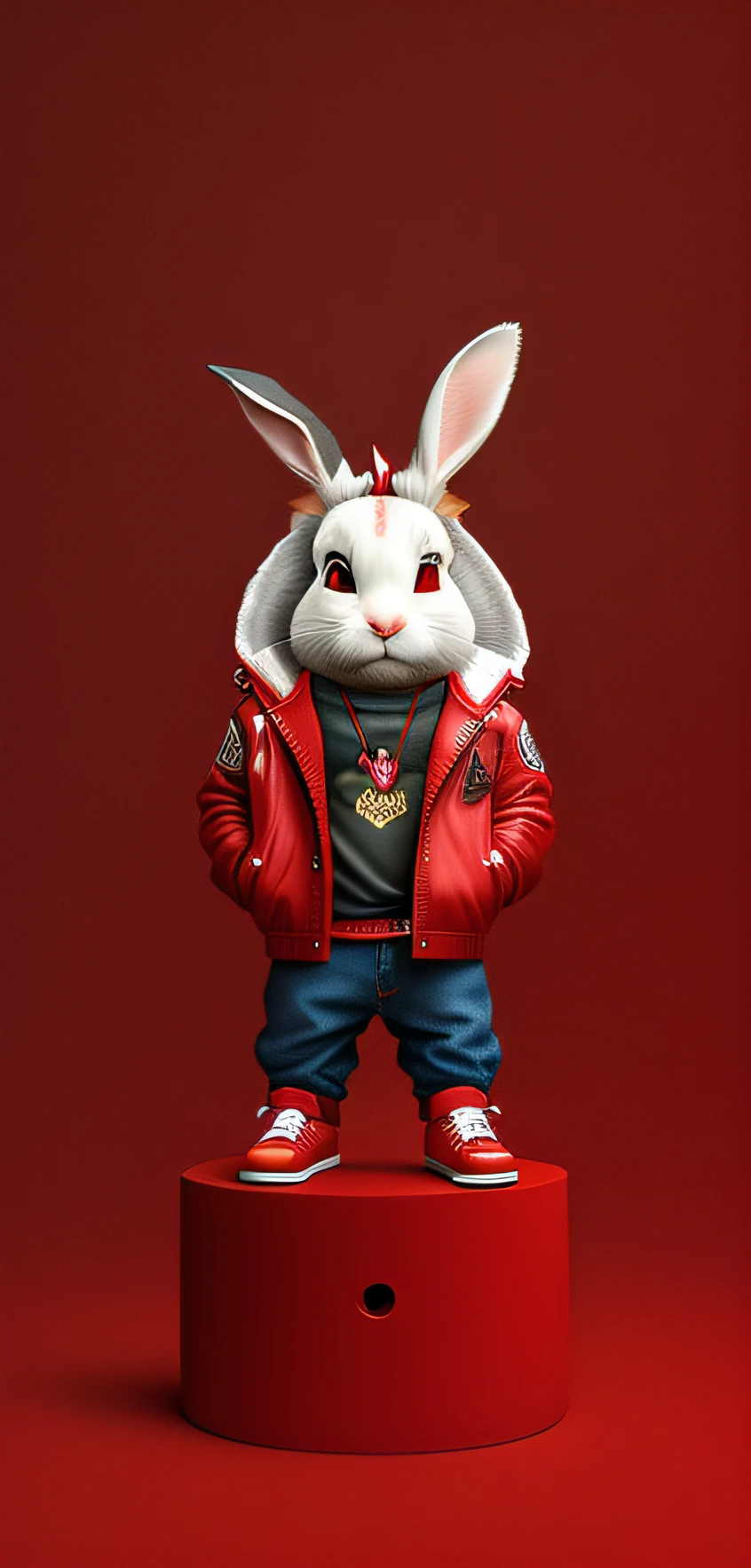 There was a rabbit in a red jacket and red jeans standing, electrixbunny, Surreal rendering of Bugs bunny portrait, rabbit robot, 3D figurine plastic effect texture