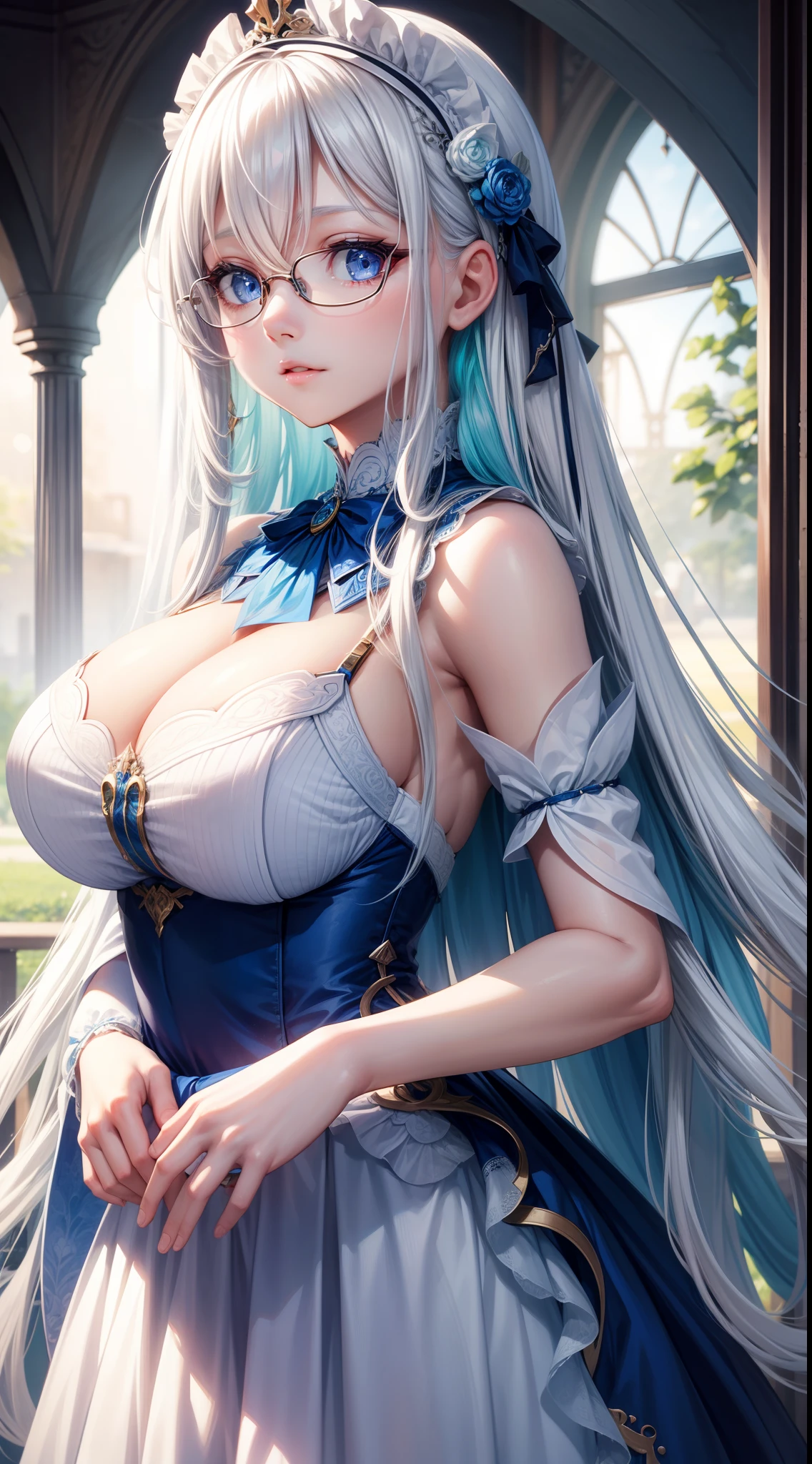young girl, Long white hair, blue eyes, blue beautiful dress, Huge-breasts, eyeglasses, Masterpiece, hiquality, 4k, HD, Good detail